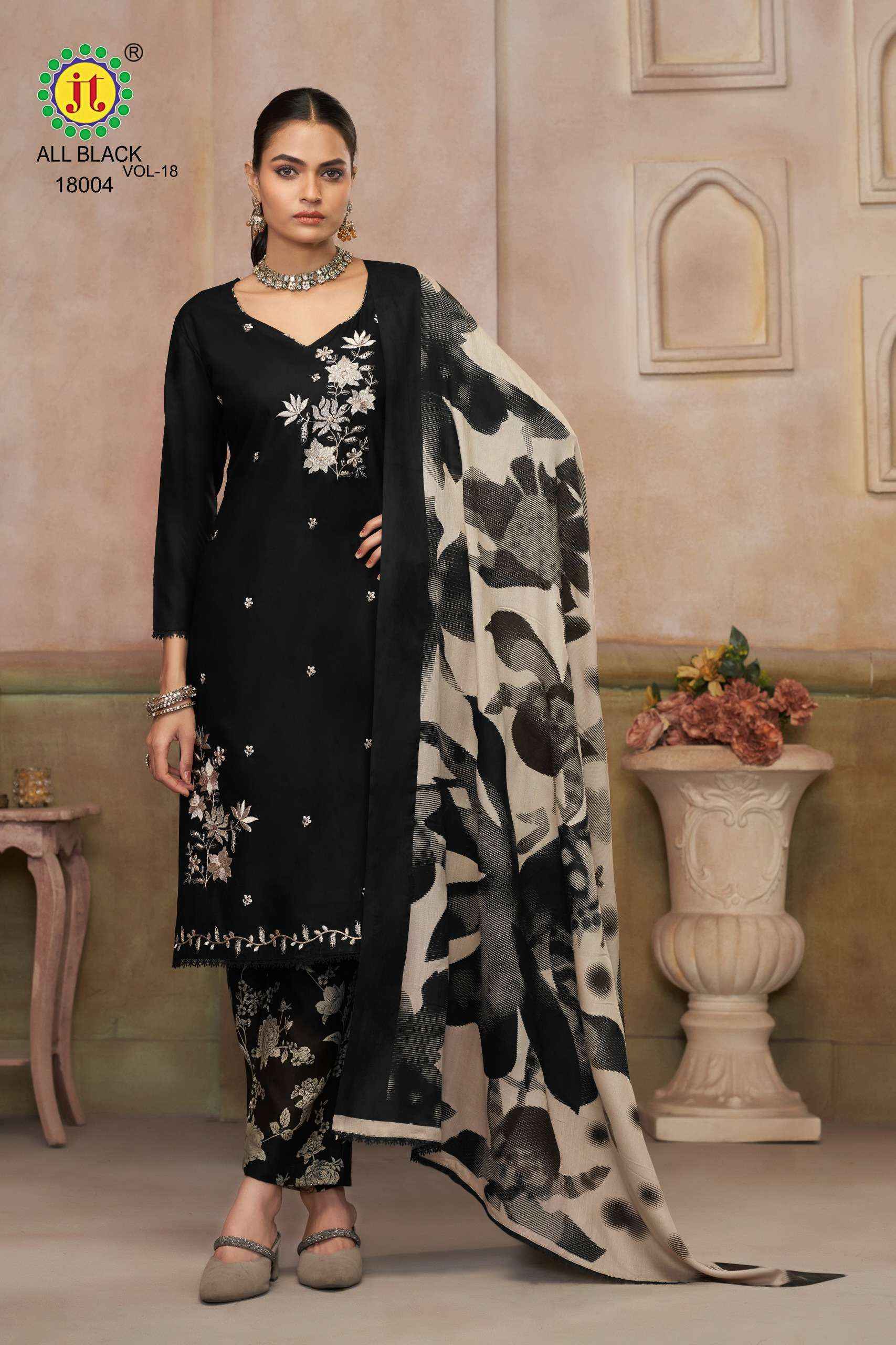 JT ALL BLACK 18 RAYON FANCY EMBROIDERY WORK SUIT WHOLESALE PRICE ( 5 PCS CATALOGUE )