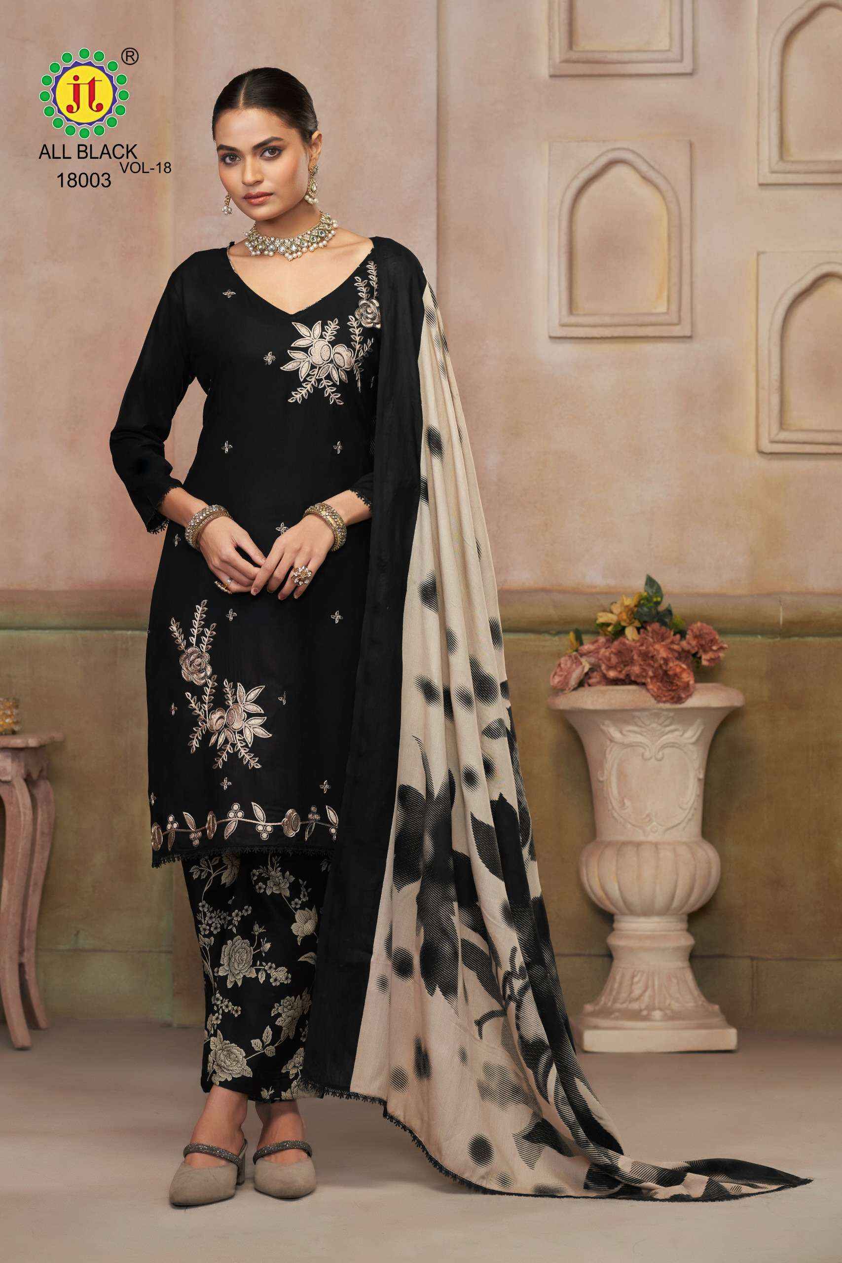 JT ALL BLACK 18 RAYON FANCY EMBROIDERY WORK SUIT WHOLESALE PRICE ( 5 PCS CATALOGUE )