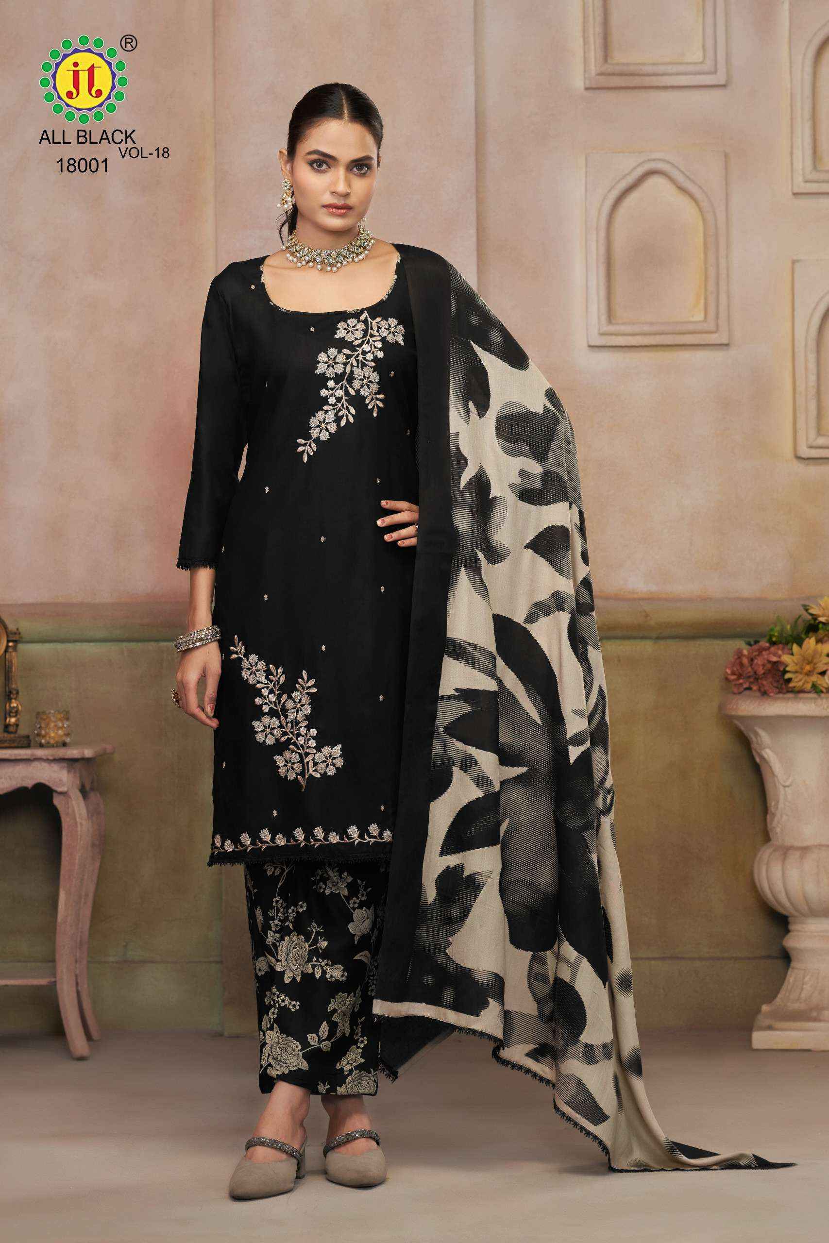 JT ALL BLACK 18 RAYON FANCY EMBROIDERY WORK SUIT WHOLESALE PRICE ( 5 PCS CATALOGUE )