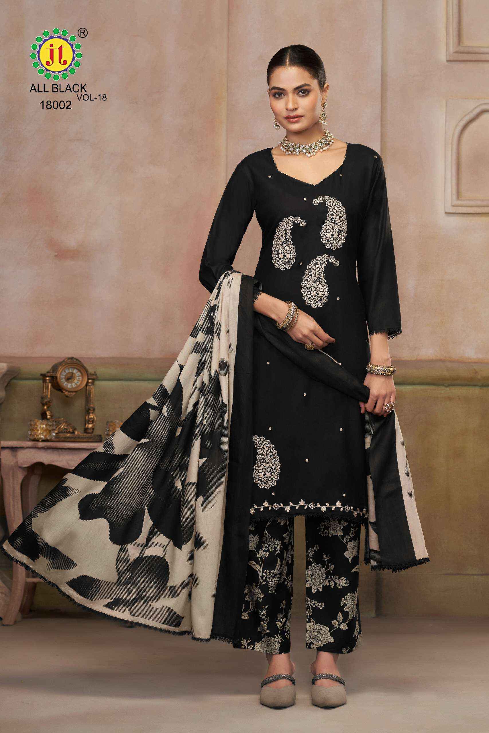 JT ALL BLACK 18 RAYON FANCY EMBROIDERY WORK SUIT WHOLESALE PRICE ( 5 PCS CATALOGUE )