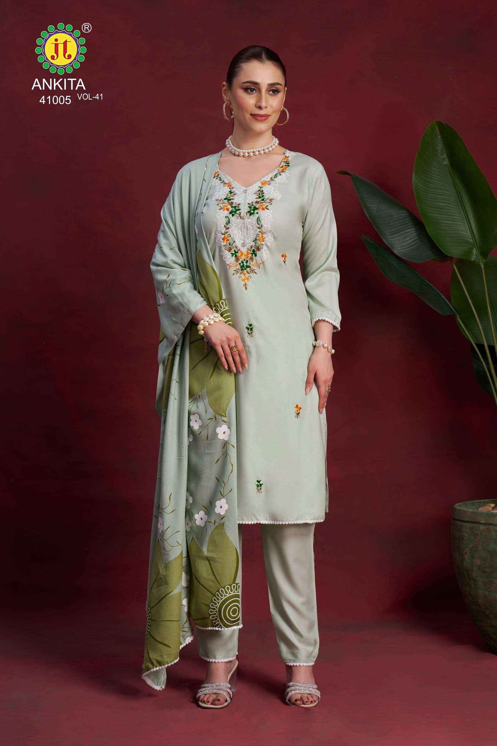 JT ANKITA VOL 41 RAYON FANCY PREMIUM WORKS SUIT LATEST CATALOG ( 5 PCS CATALOG )