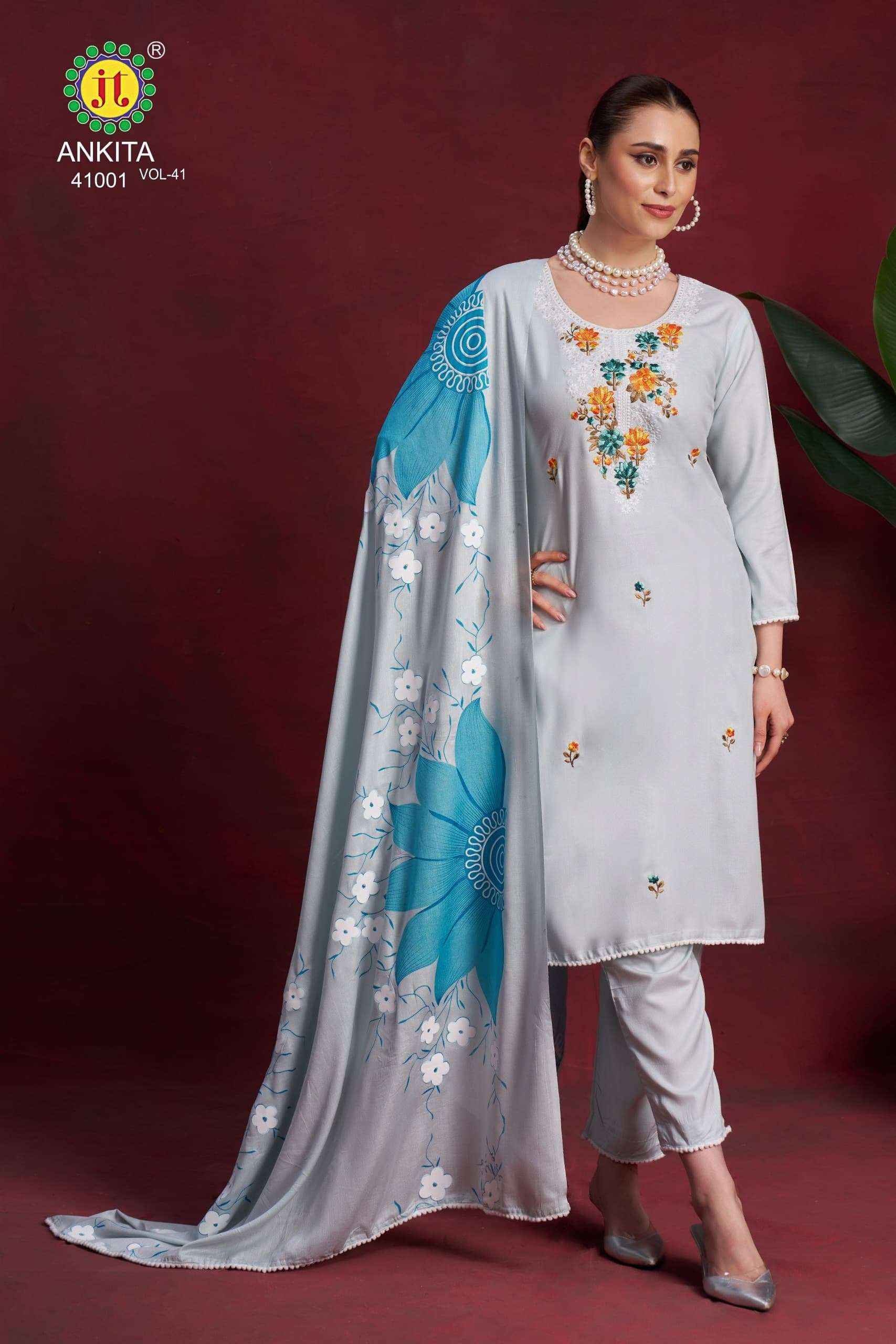JT ANKITA VOL 41 RAYON FANCY PREMIUM WORKS SUIT LATEST CATALOG ( 5 PCS CATALOG )