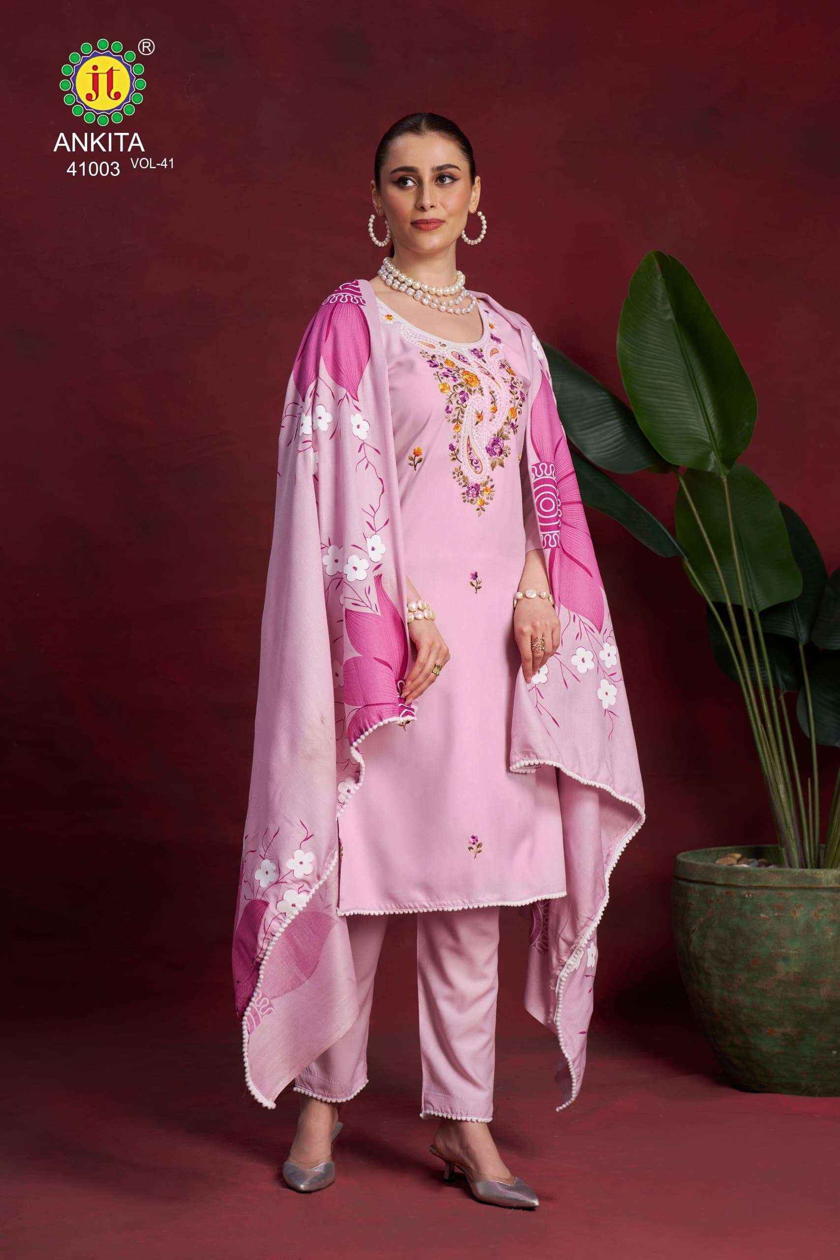 JT ANKITA VOL 41 RAYON FANCY PREMIUM WORKS SUIT LATEST CATALOG ( 5 PCS CATALOG )