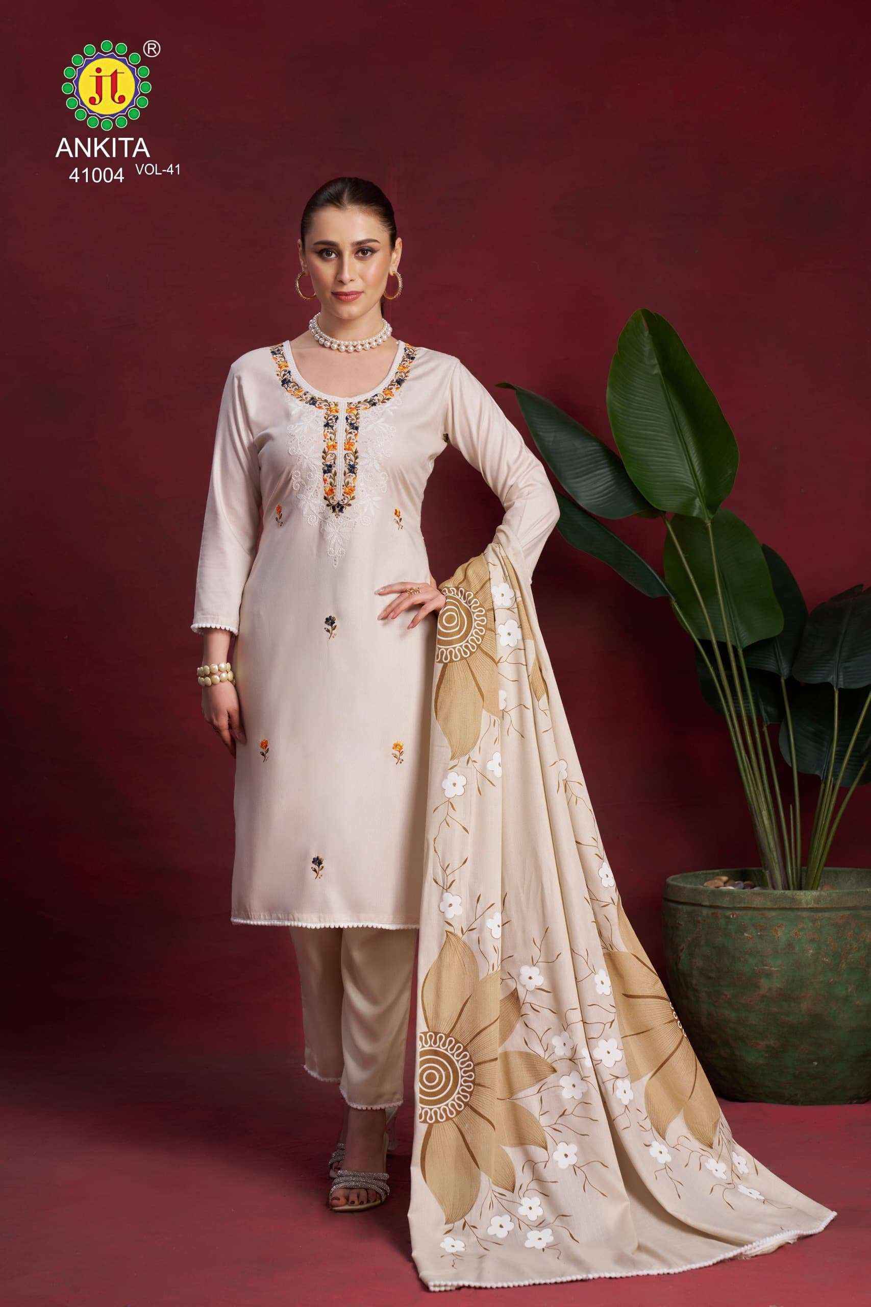 JT ANKITA VOL 41 RAYON FANCY PREMIUM WORKS SUIT LATEST CATALOG ( 5 PCS CATALOG )