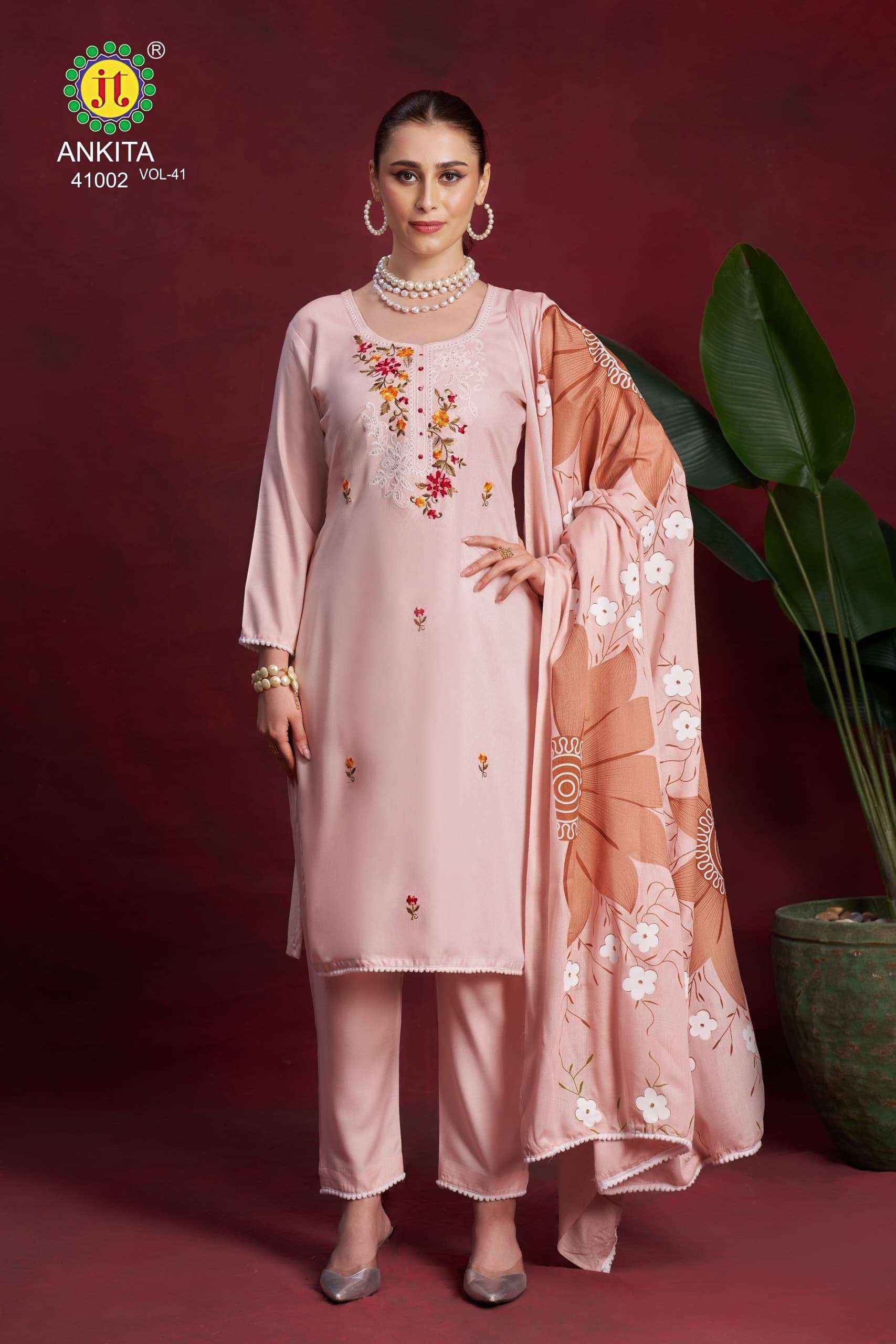 JT ANKITA VOL 41 RAYON FANCY PREMIUM WORKS SUIT LATEST CATALOG ( 5 PCS CATALOG )
