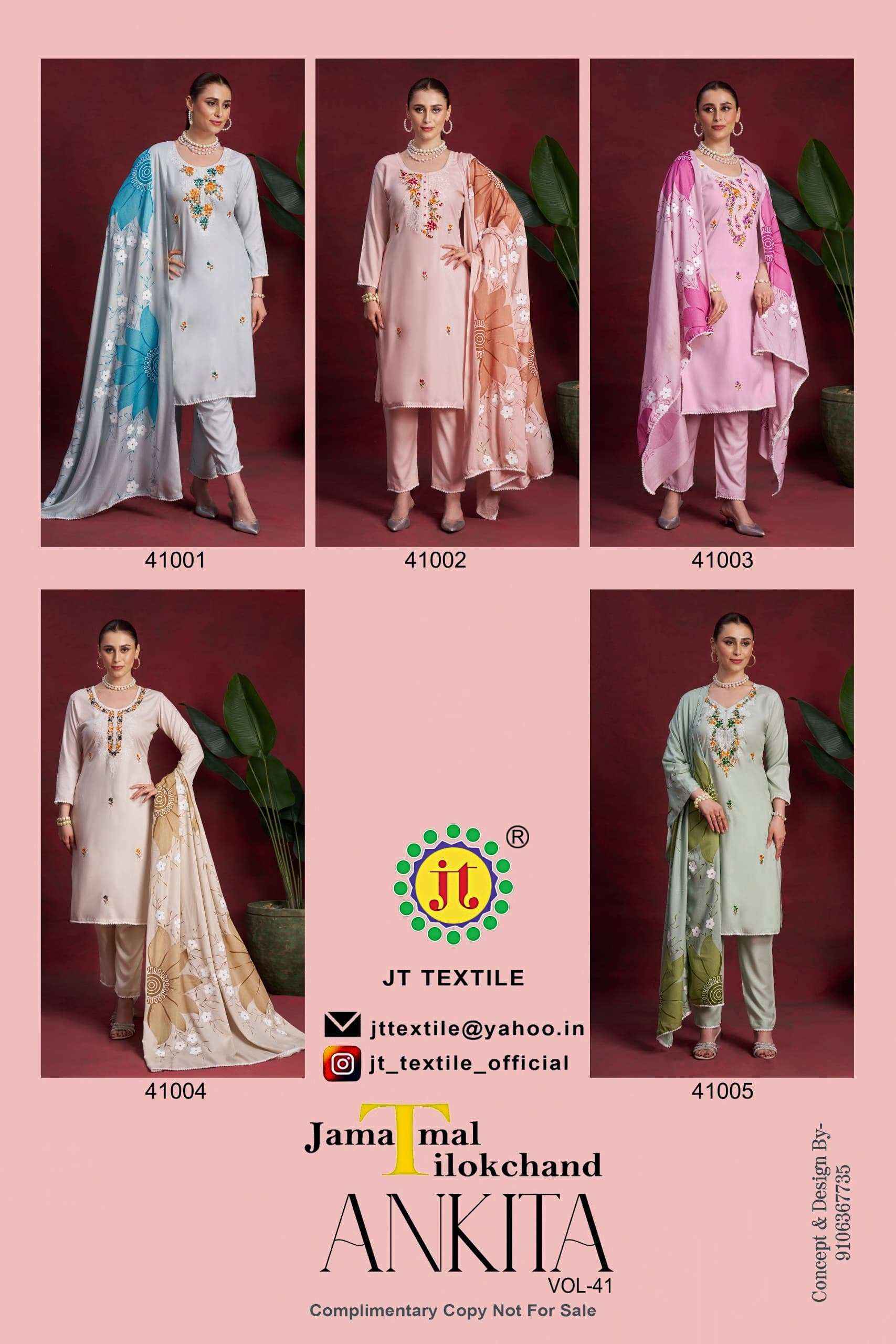 JT ANKITA VOL 41 RAYON FANCY PREMIUM WORKS SUIT LATEST CATALOG ( 5 PCS CATALOG )