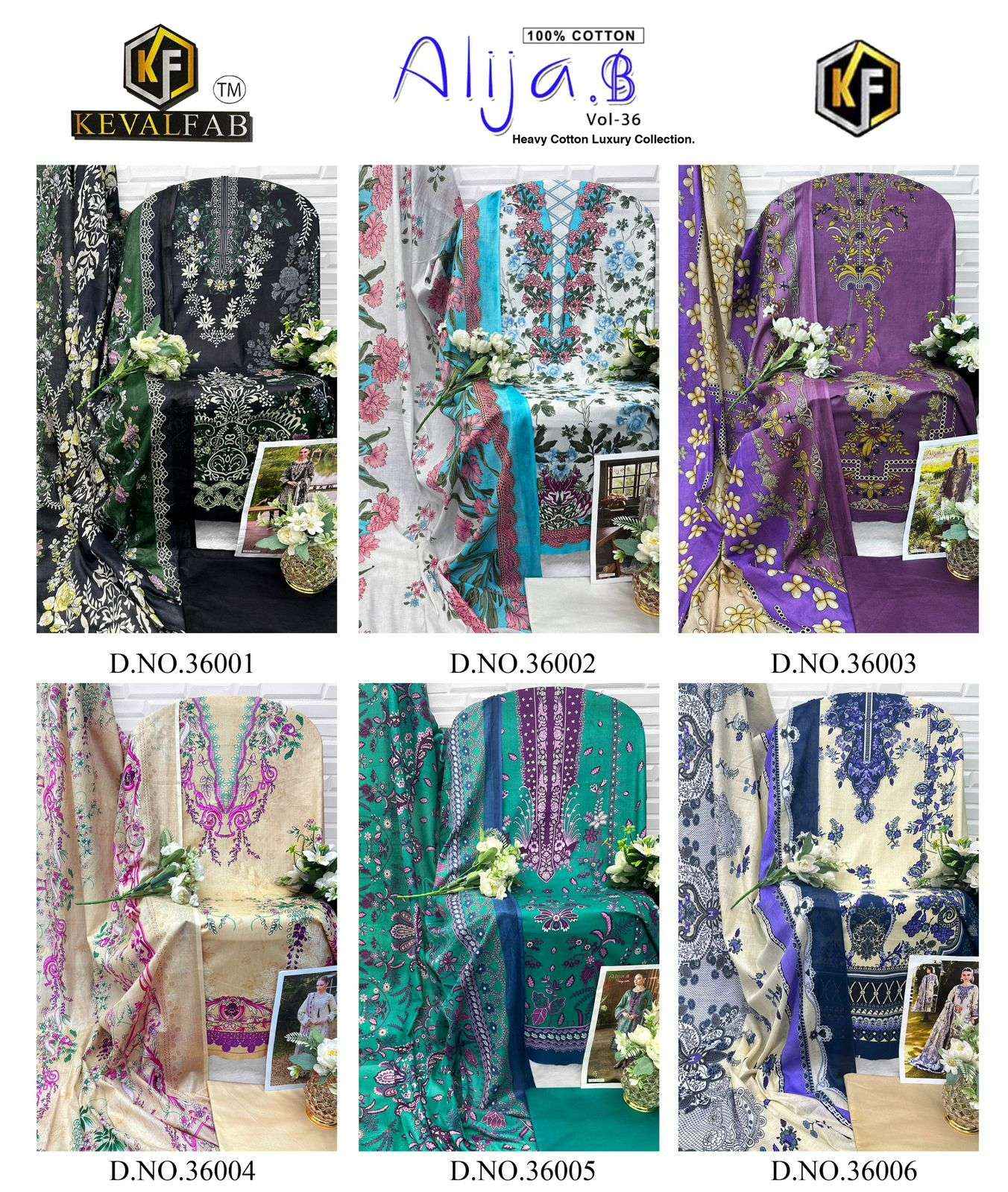 KEVAL FAB ALIJA B VOL 36 COTTON DIGITAL PRINT SALWAR KAMEEZ WHOLESALE RATE ( 6 PCS CATALOG )