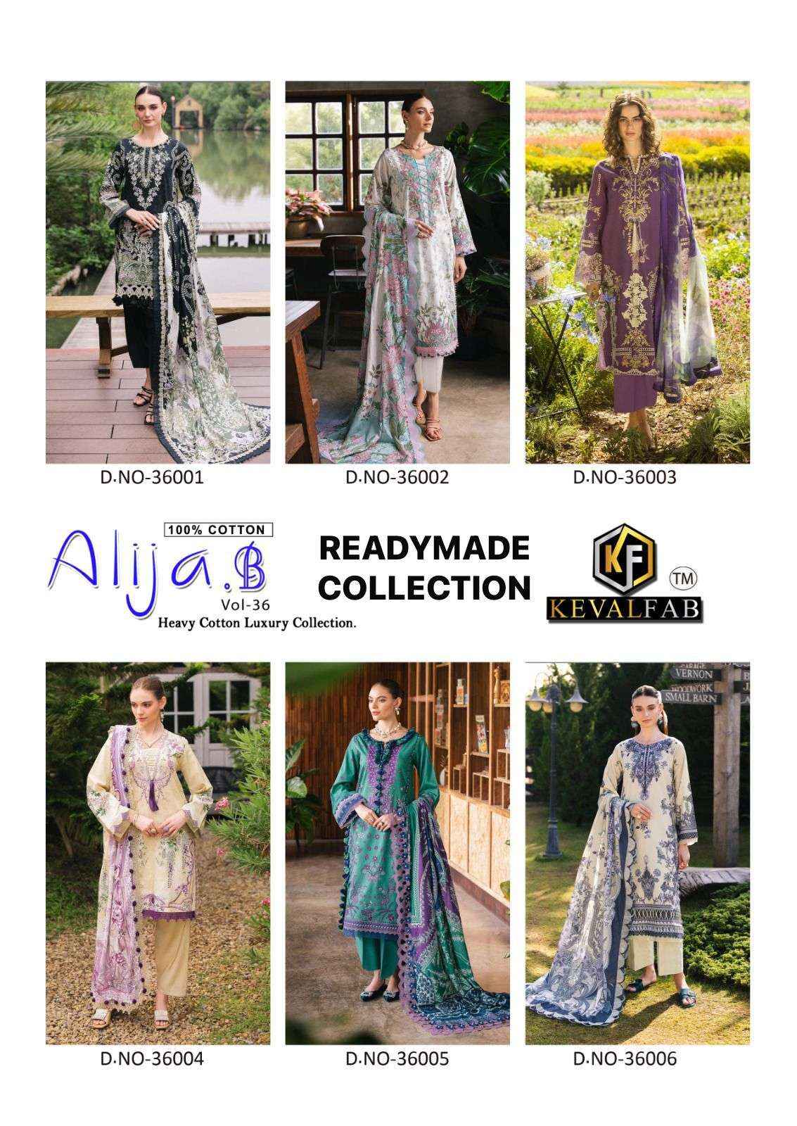 KEVAL FAB ALIJA B VOL 36 READY MADE COLLECTION COTTON DIGITAL PRINT SUIT WHOLESALE RATE ( 6 PCS CATALOG )