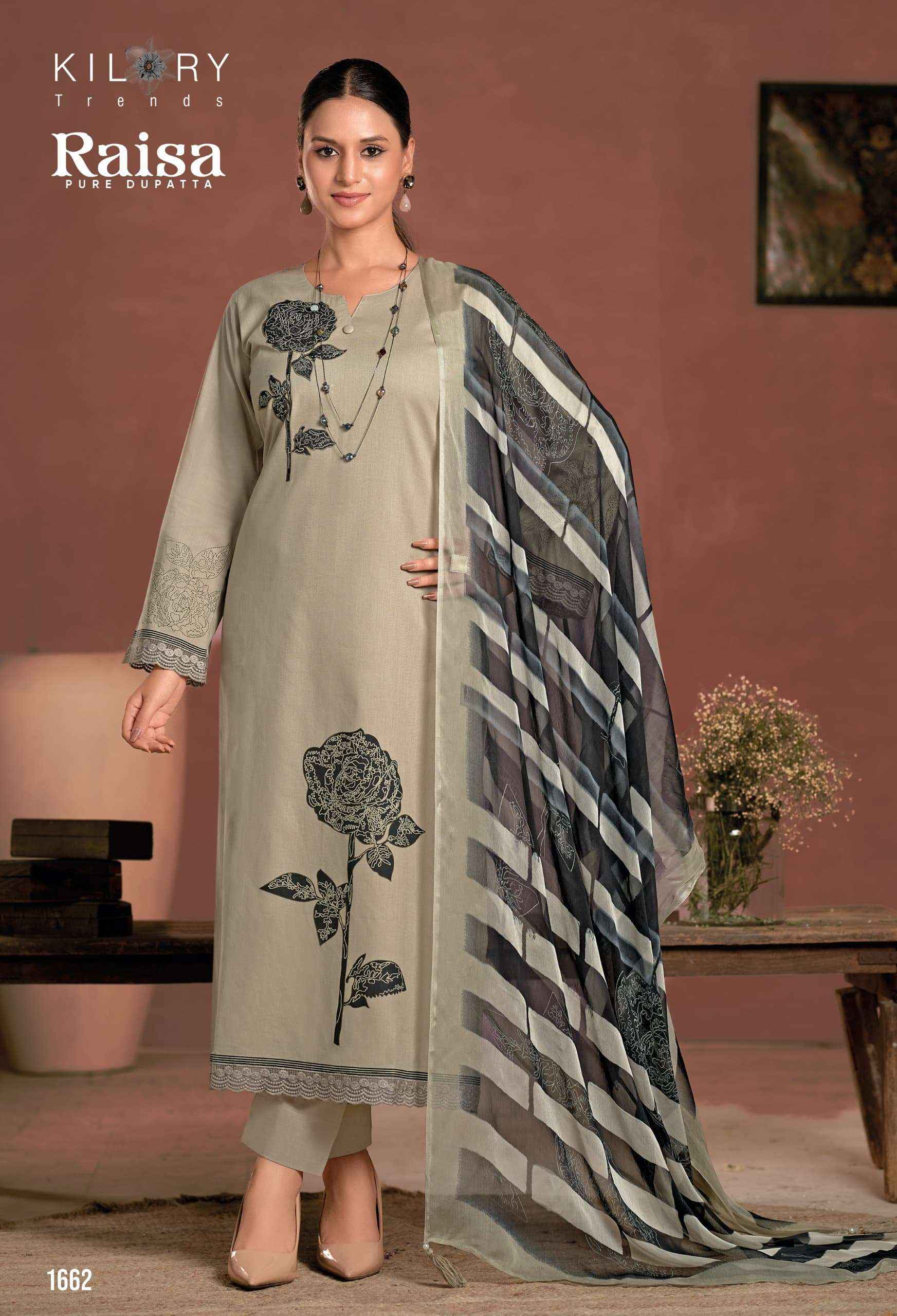 KILORY TRENDS RAISA LAWN COTTON PRINT WITH FANCY WORK SUIT WHOLESALE WHOLESALE RATE ( 3 PCS CATALOG )