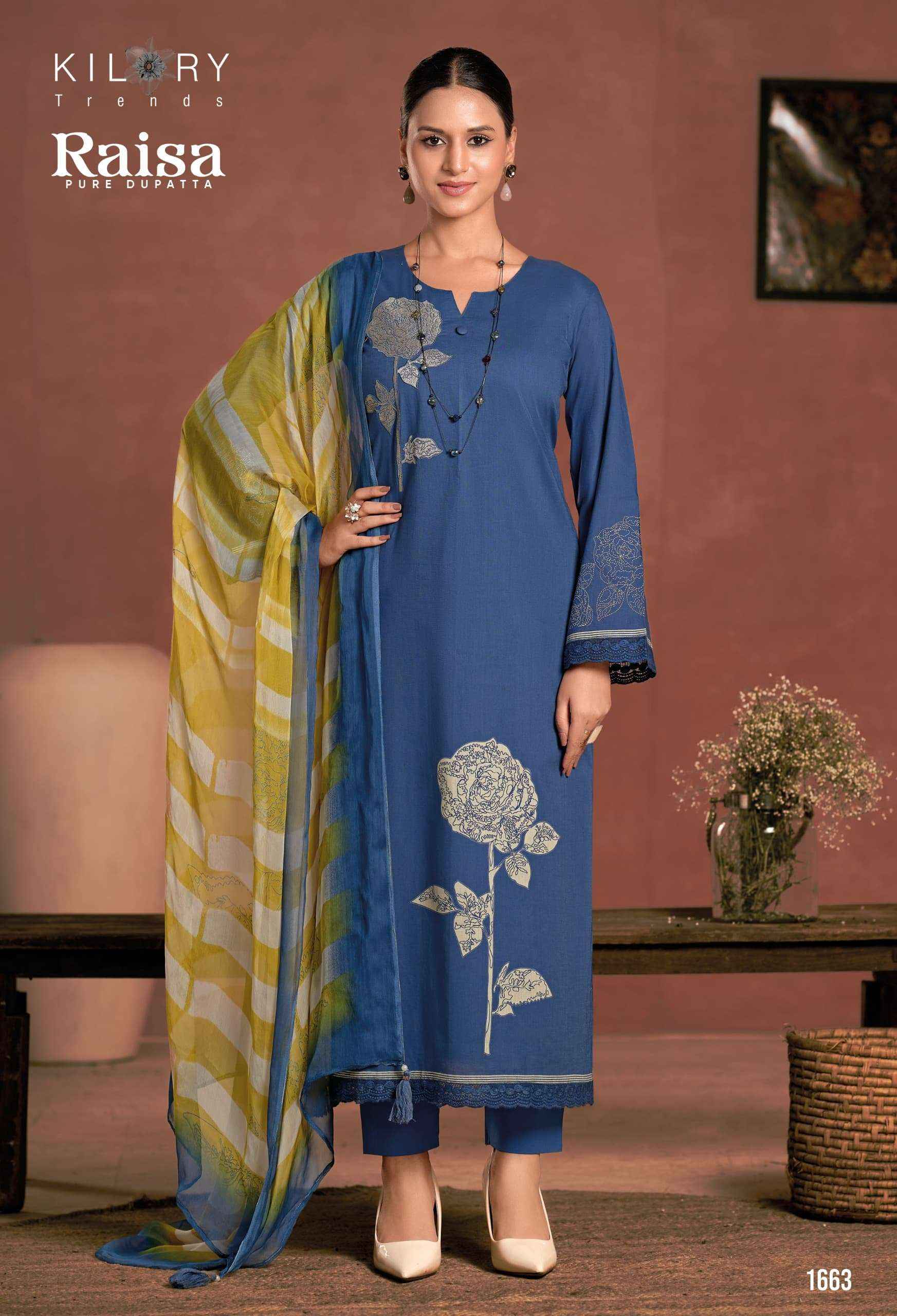 KILORY TRENDS RAISA LAWN COTTON PRINT WITH FANCY WORK SUIT WHOLESALE WHOLESALE RATE ( 3 PCS CATALOG )