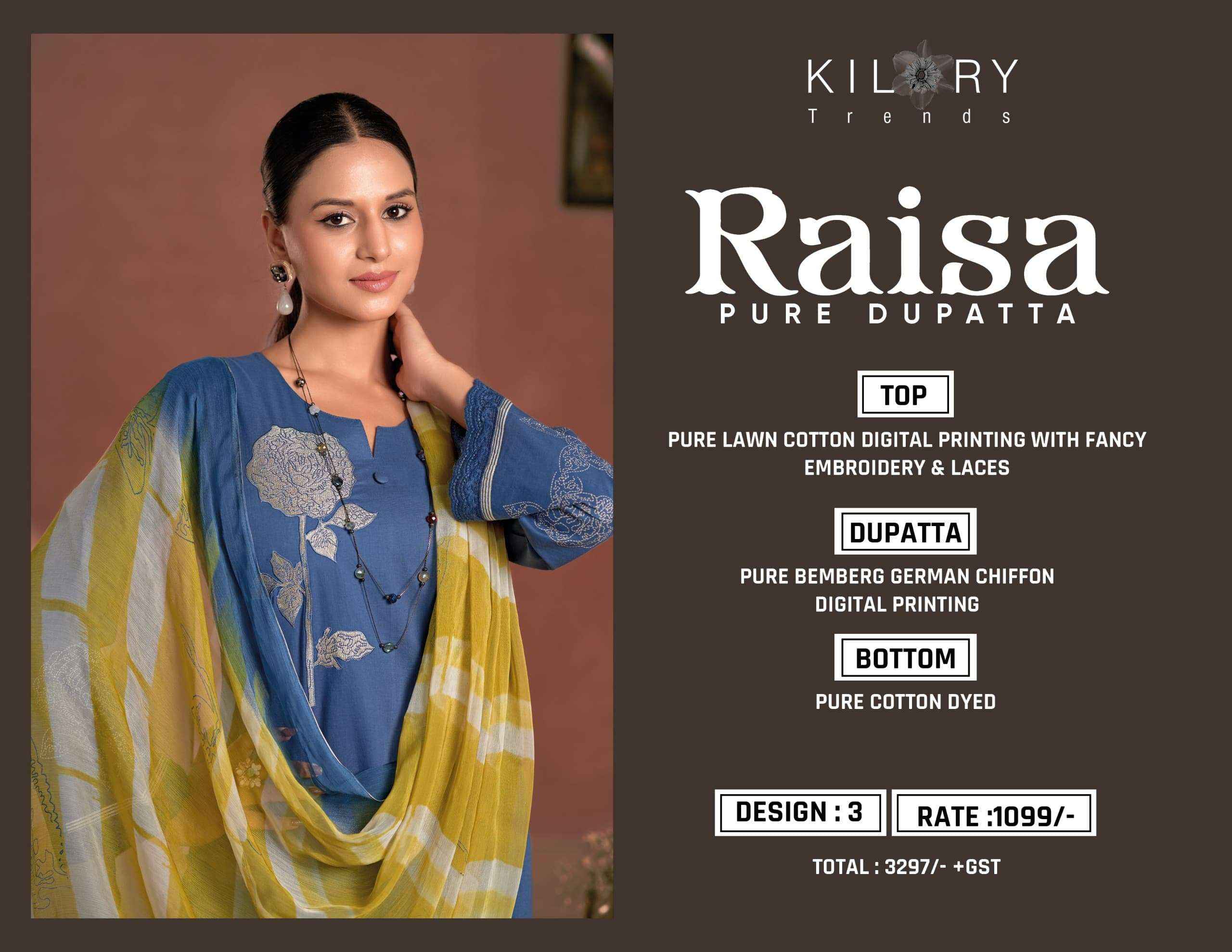 KILORY TRENDS RAISA LAWN COTTON PRINT WITH FANCY WORK SUIT WHOLESALE WHOLESALE RATE ( 3 PCS CATALOG )