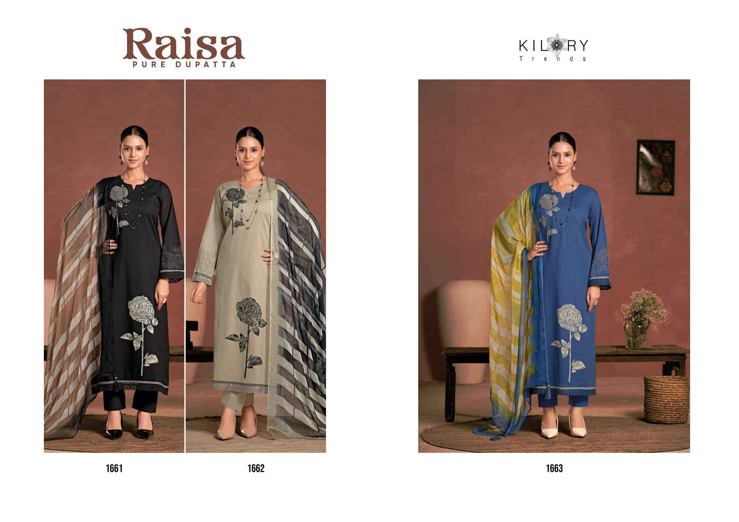 KILORY TRENDS RAISA LAWN COTTON PRINT WITH FANCY WORK SUIT WHOLESALE WHOLESALE RATE ( 3 PCS CATALOG )