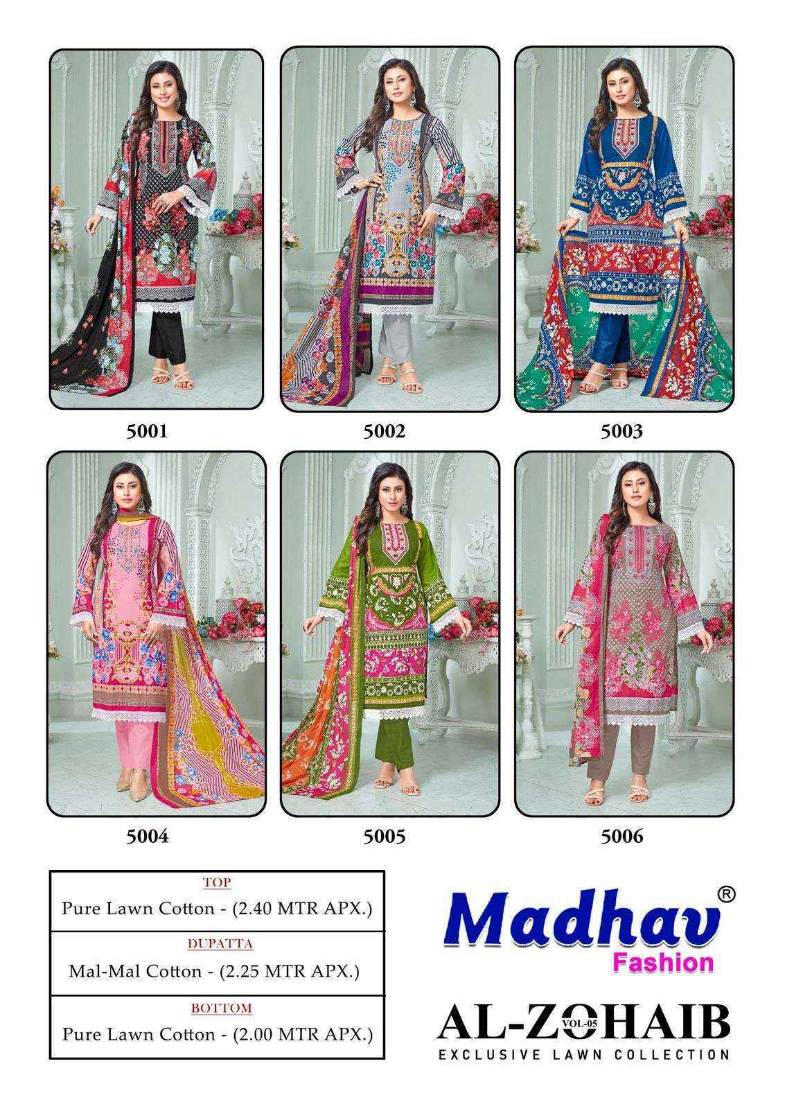 Madhav Fashion Al Zohaib Vol 5 Lawn Cotton Dress Material Online Shopping ( 6 pcs Catalogue )