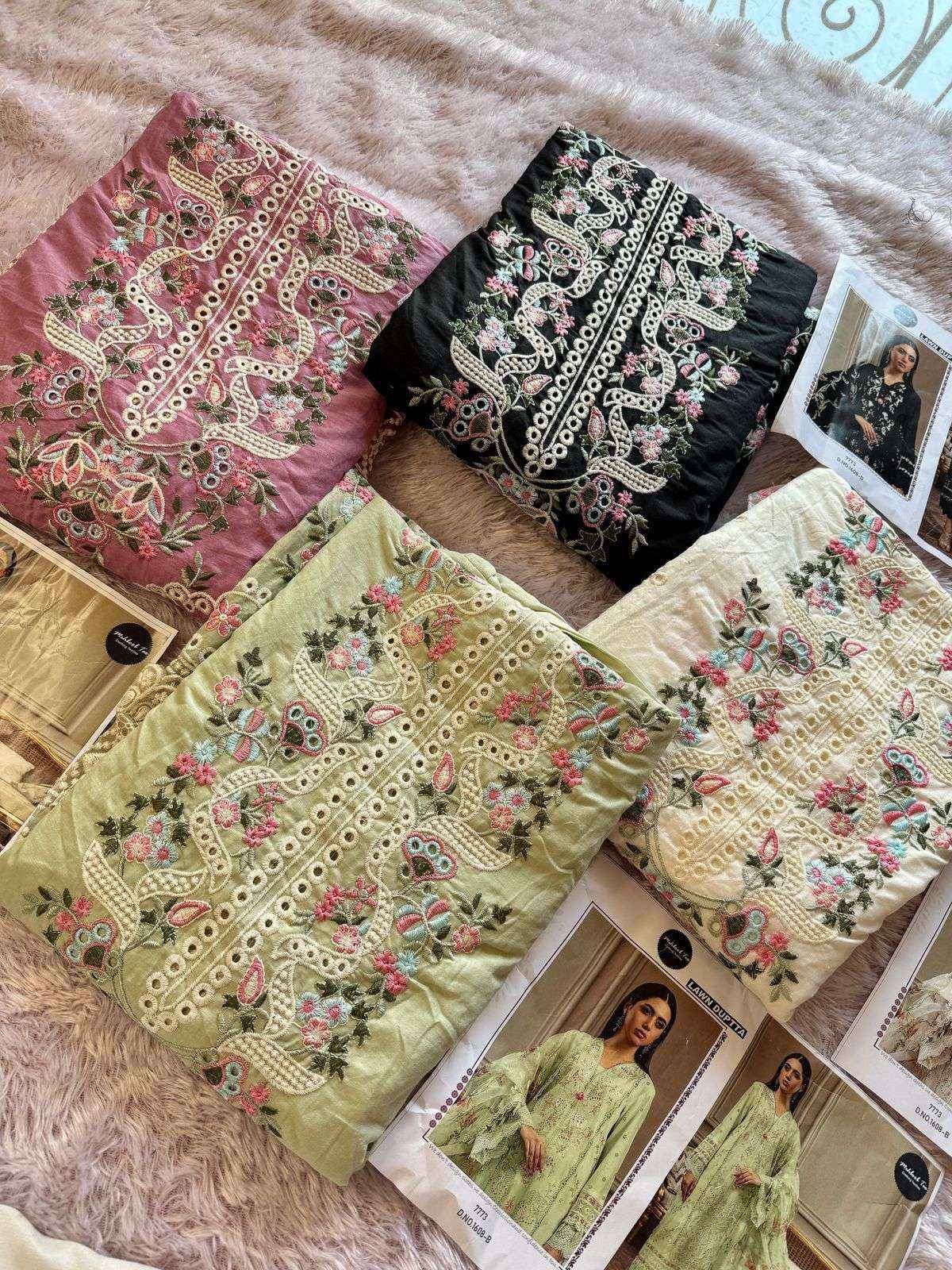 MEHBOOB TEX DESIGN NO - 1608 ABCD VISCOSE LAWN HEAVY SELF EMBROIDERED PAKISTANI SUIT WHOLESALE RATE ( 4 PCS CATALOG )