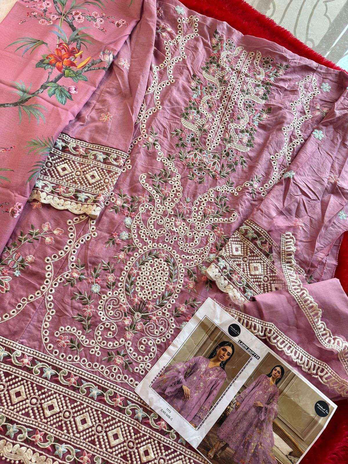 MEHBOOB TEX DESIGN NO - 1608 ABCD VISCOSE LAWN HEAVY SELF EMBROIDERED PAKISTANI SUIT WHOLESALE RATE ( 4 PCS CATALOG )