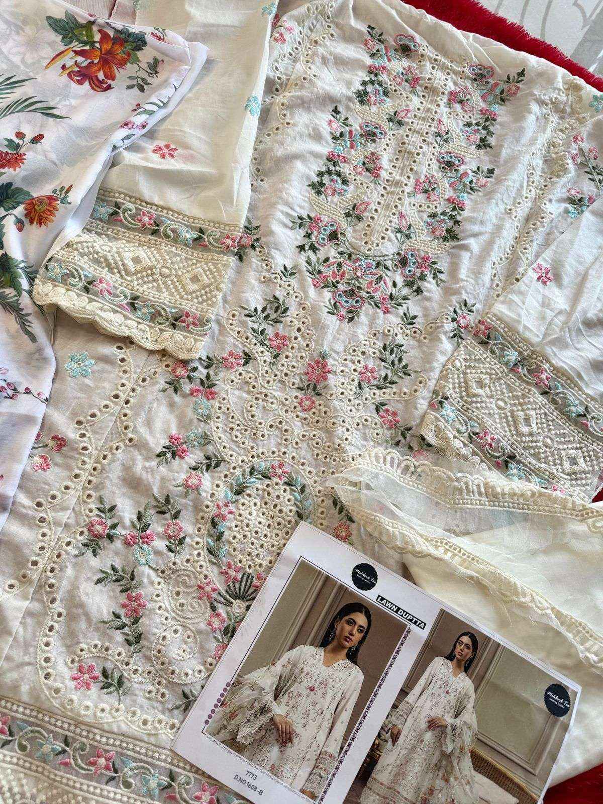 MEHBOOB TEX DESIGN NO - 1608 ABCD VISCOSE LAWN HEAVY SELF EMBROIDERED PAKISTANI SUIT WHOLESALE RATE ( 4 PCS CATALOG )