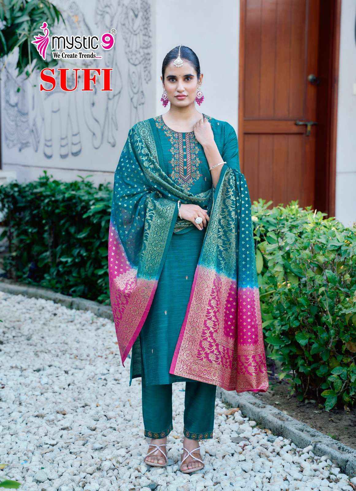 MYSTIC 9 SUFI VOL 1 BANGLORE SILK FANCY EMBROIDERY READYMADE COMBO SET WHOLESALE PRICE ( 8 PCS CATALOG )