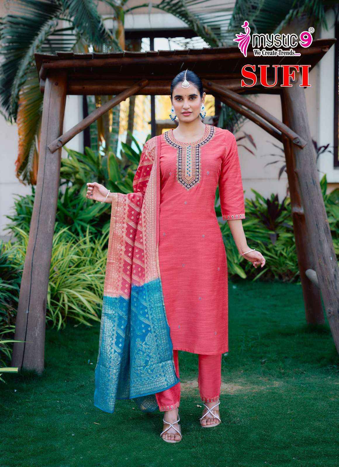 MYSTIC 9 SUFI VOL 1 BANGLORE SILK FANCY EMBROIDERY READYMADE COMBO SET WHOLESALE PRICE ( 8 PCS CATALOG )
