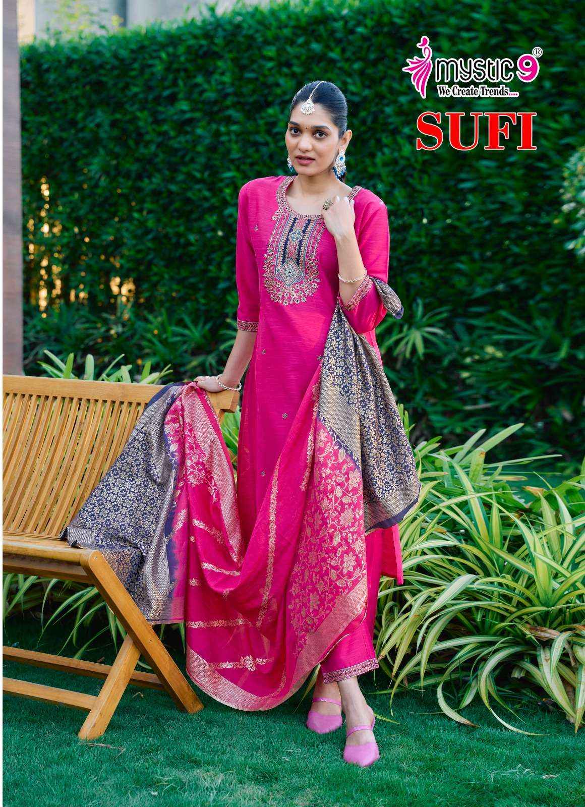 MYSTIC 9 SUFI VOL 1 BANGLORE SILK FANCY EMBROIDERY READYMADE COMBO SET WHOLESALE PRICE ( 8 PCS CATALOG )