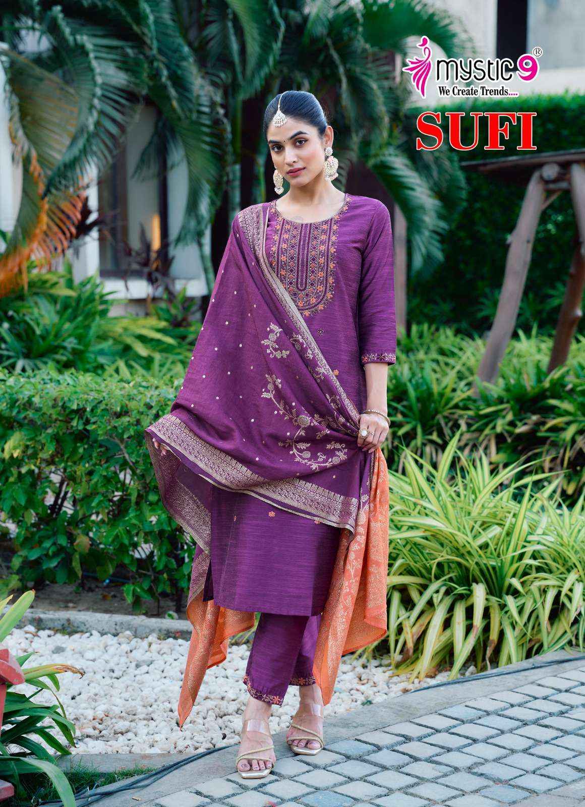 MYSTIC 9 SUFI VOL 1 BANGLORE SILK FANCY EMBROIDERY READYMADE COMBO SET WHOLESALE PRICE ( 8 PCS CATALOG )