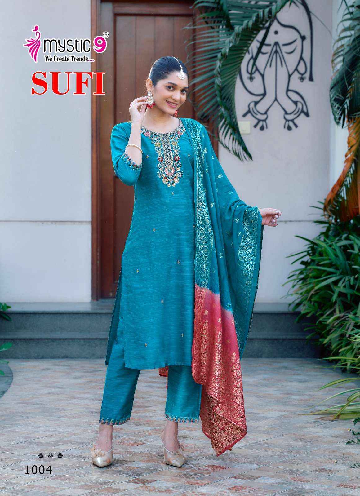MYSTIC 9 SUFI VOL 1 BANGLORE SILK FANCY EMBROIDERY READYMADE COMBO SET WHOLESALE PRICE ( 8 PCS CATALOG )