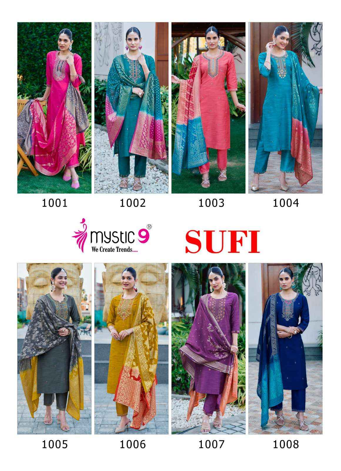 MYSTIC 9 SUFI VOL 1 BANGLORE SILK FANCY EMBROIDERY READYMADE COMBO SET WHOLESALE PRICE ( 8 PCS CATALOG )