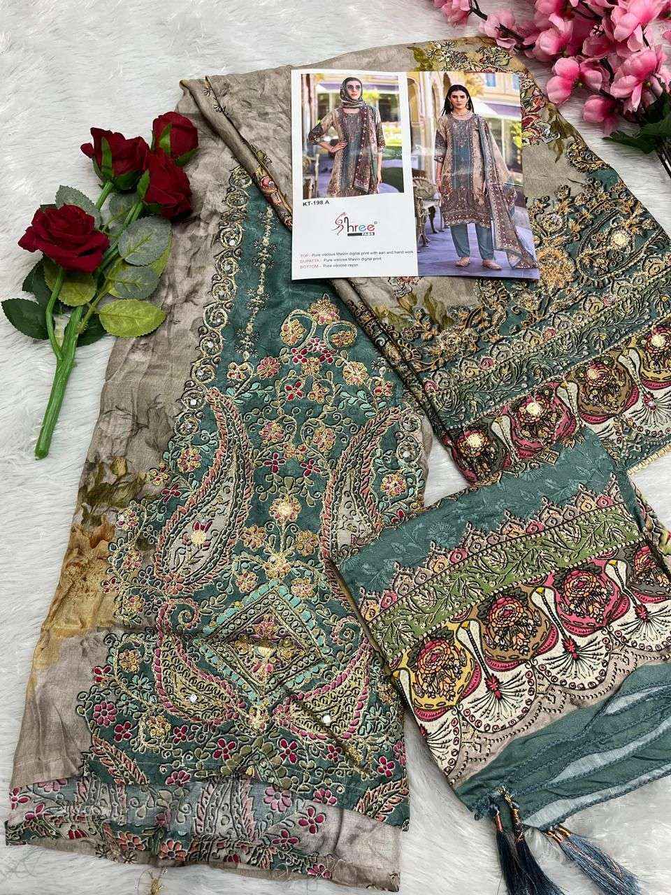 SHREE FAB DESIGN NO - KT - 198 PURE VISCOSE MUSLIN DIGUTAL PRINT AARI HAND WORK PAKISTANI DRESS MATERIAL WHOLESALE RATE ( 4 PCS CATALOG )