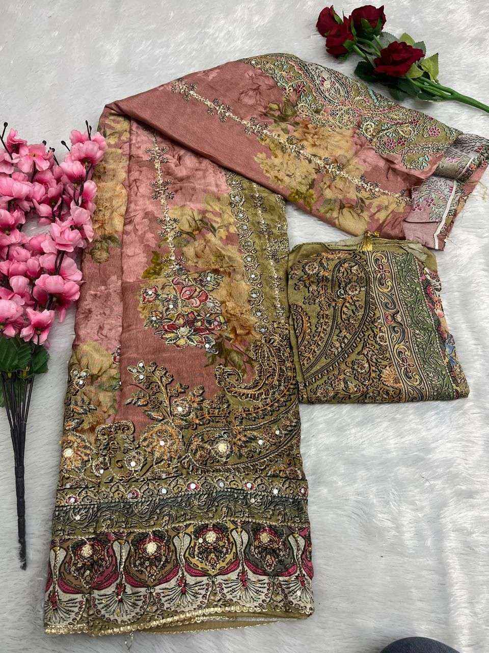 SHREE FAB DESIGN NO - KT - 198 PURE VISCOSE MUSLIN DIGUTAL PRINT AARI HAND WORK PAKISTANI DRESS MATERIAL WHOLESALE RATE ( 4 PCS CATALOG )