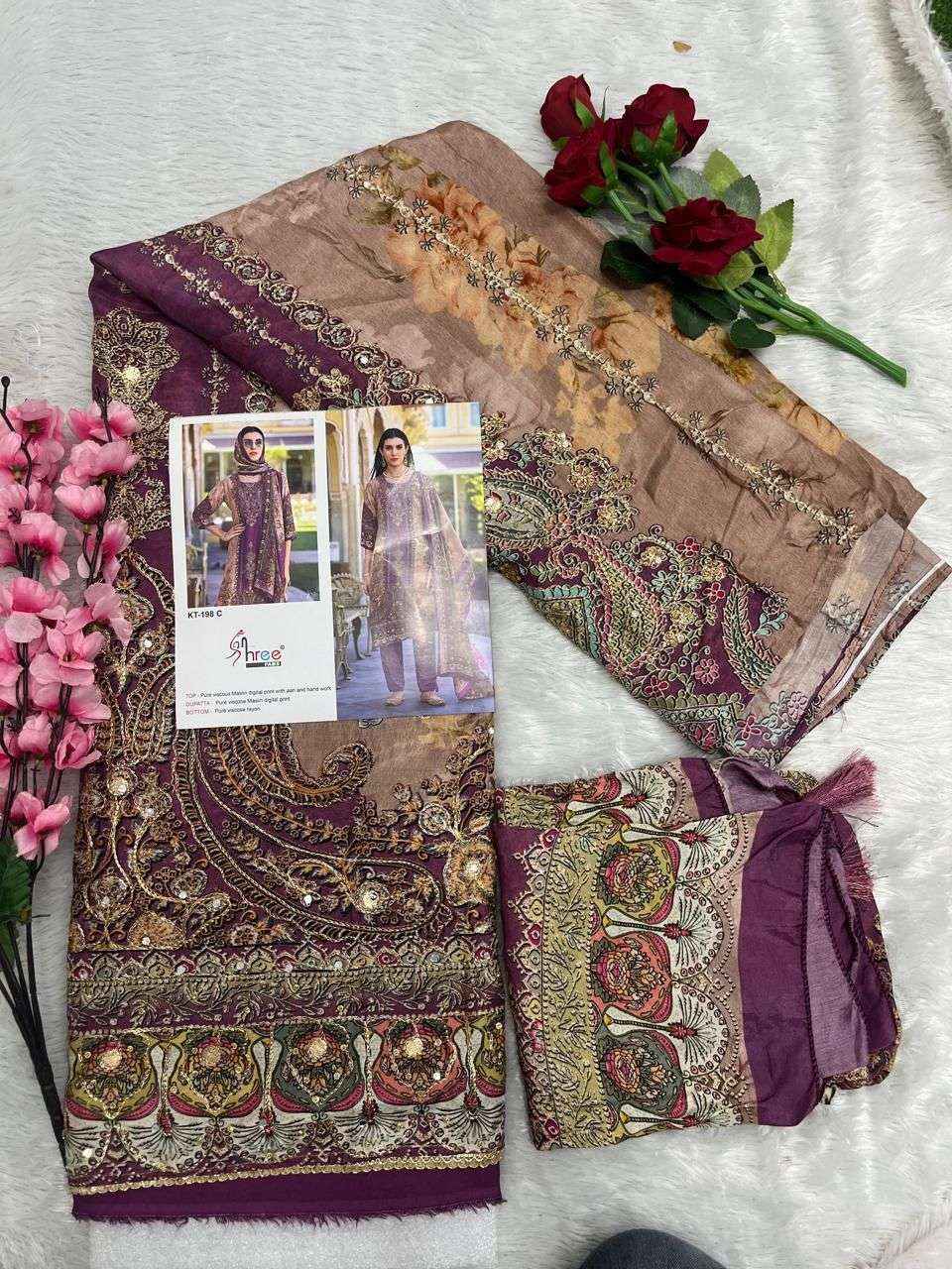 SHREE FAB DESIGN NO - KT - 198 PURE VISCOSE MUSLIN DIGUTAL PRINT AARI HAND WORK PAKISTANI DRESS MATERIAL WHOLESALE RATE ( 4 PCS CATALOG )