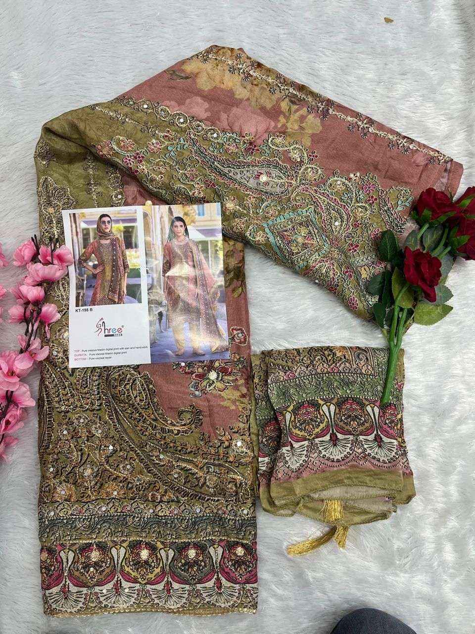 SHREE FAB DESIGN NO - KT - 198 PURE VISCOSE MUSLIN DIGUTAL PRINT AARI HAND WORK PAKISTANI DRESS MATERIAL WHOLESALE RATE ( 4 PCS CATALOG )