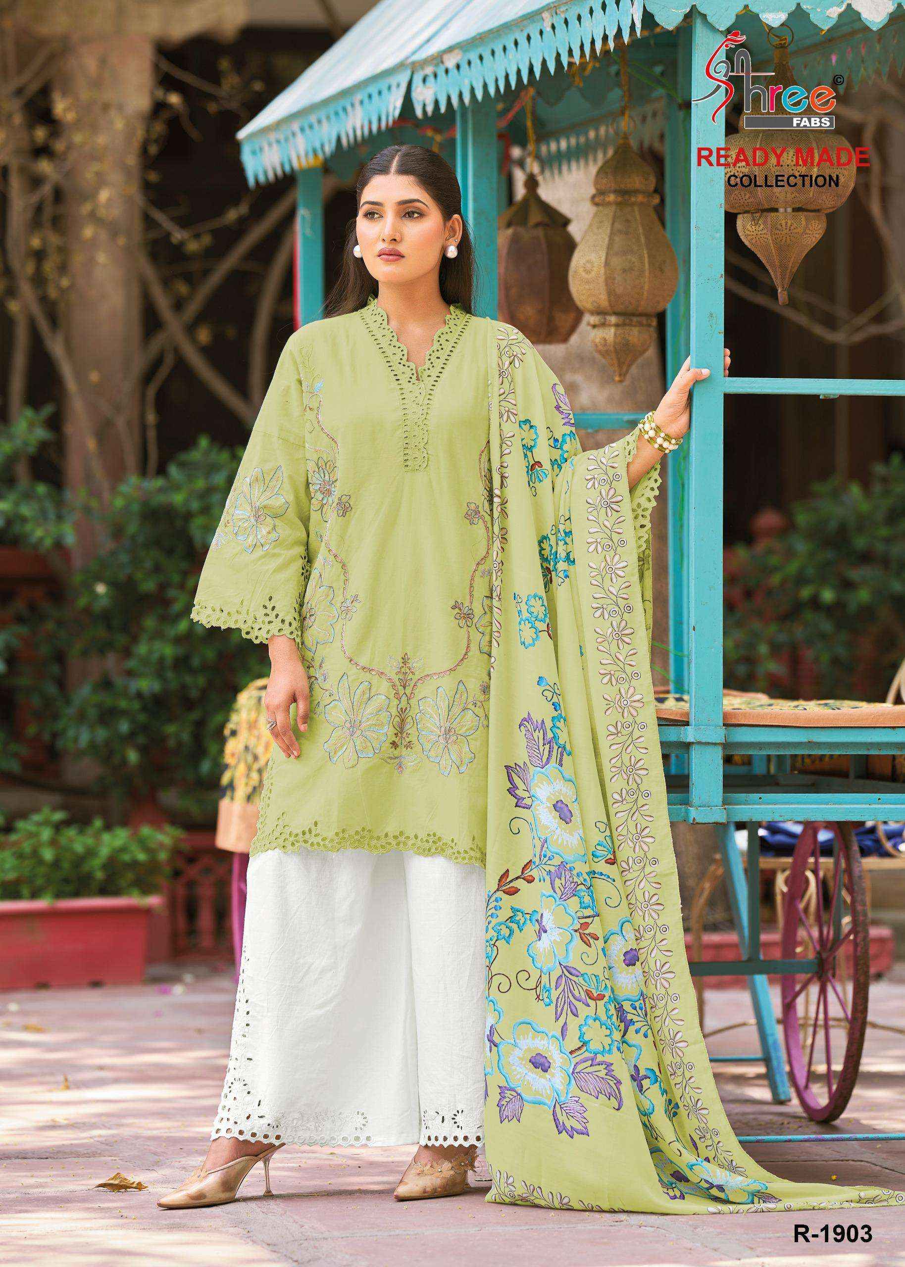 SHREE FABS R 1903 COTTON EMBROIDERY DESIGNER WORK DRESS WHOLESALE RATE ( 4 PCS CATALOG )