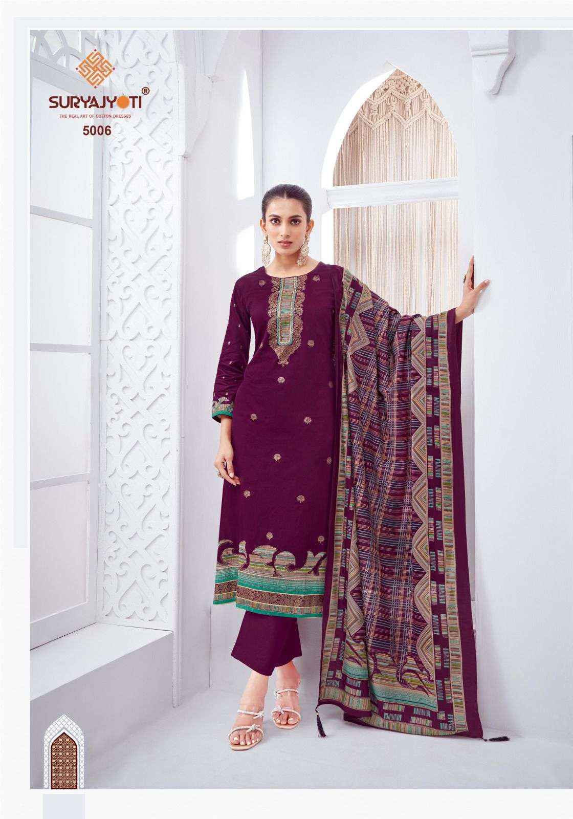 SURYAJYOTI PALLAVI VOL 5 JAM SATIN PRINT WITH FANCY WORK SUIT WHOLESALE RATE ( 6 PCS CATALOG )