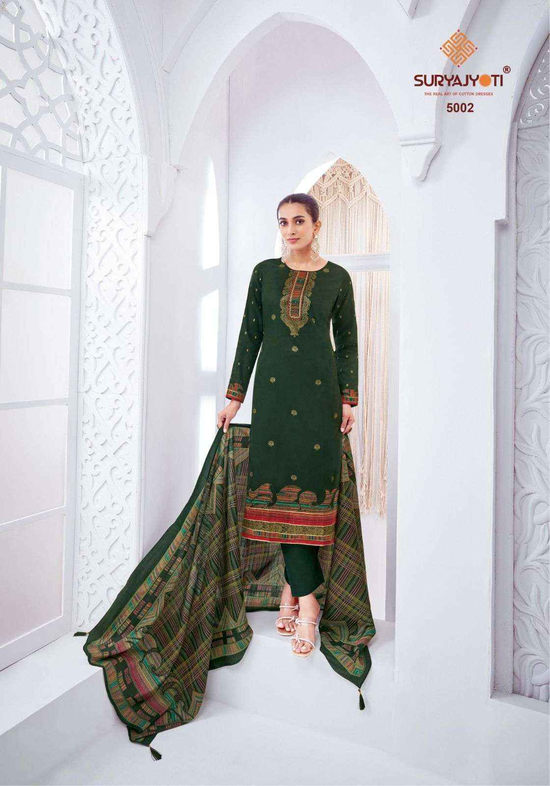 SURYAJYOTI PALLAVI VOL 5 JAM SATIN PRINT WITH FANCY WORK SUIT WHOLESALE RATE ( 6 PCS CATALOG )