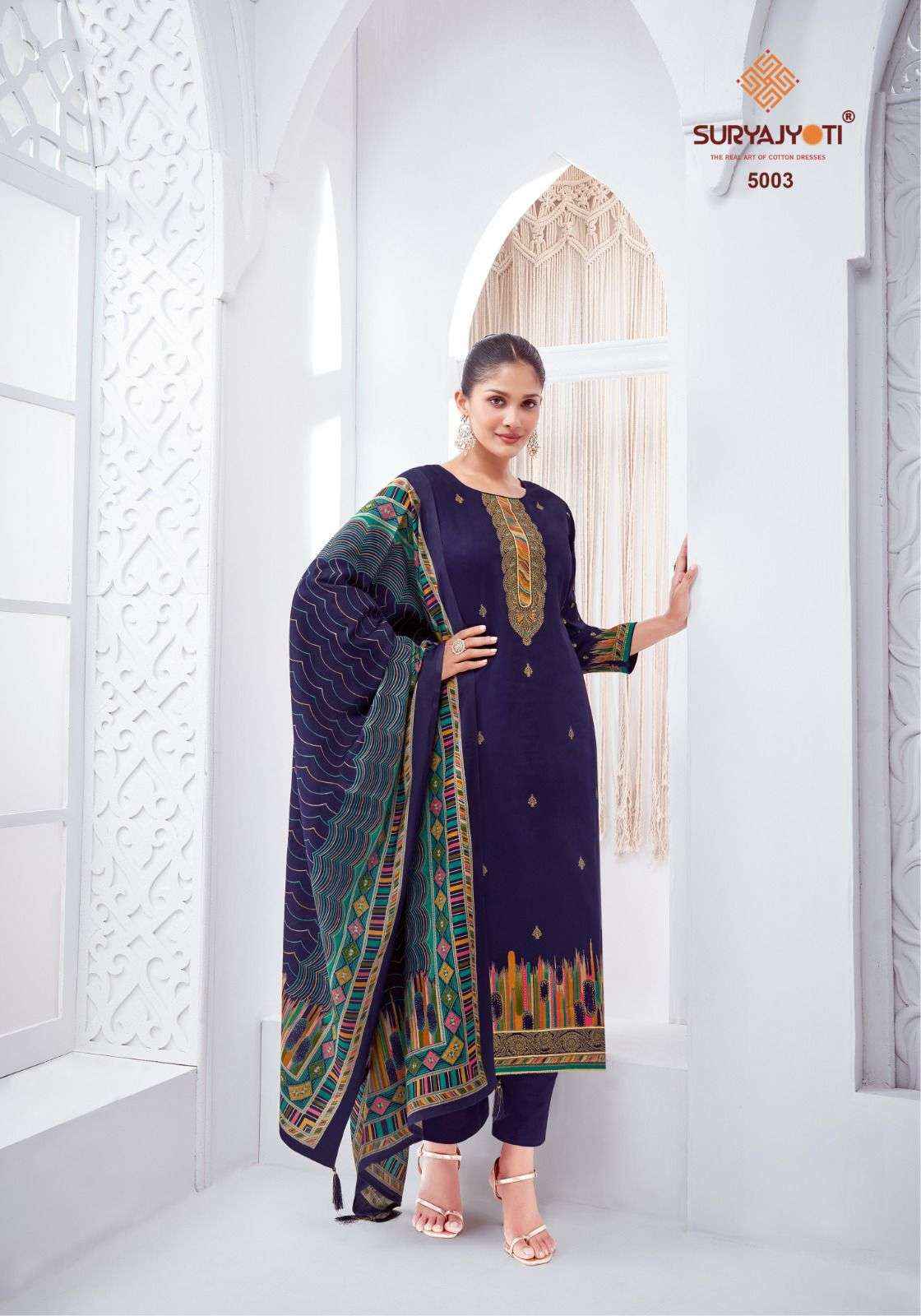 SURYAJYOTI PALLAVI VOL 5 JAM SATIN PRINT WITH FANCY WORK SUIT WHOLESALE RATE ( 6 PCS CATALOG )