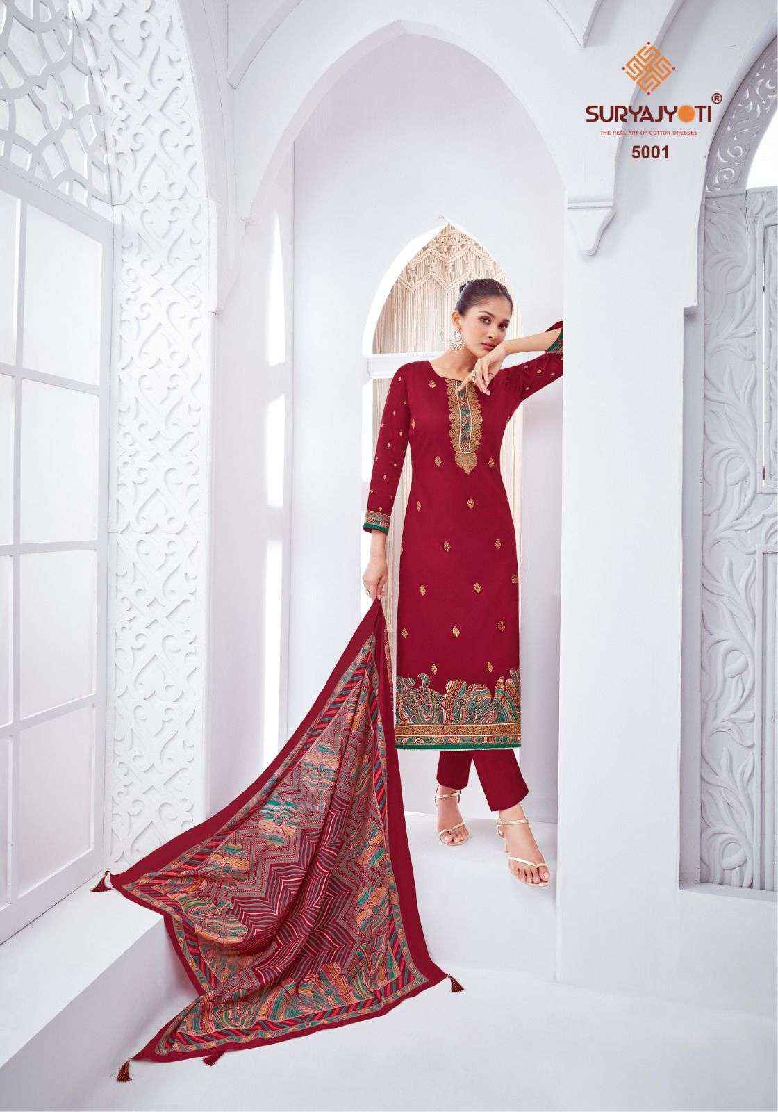 SURYAJYOTI PALLAVI VOL 5 JAM SATIN PRINT WITH FANCY WORK SUIT WHOLESALE RATE ( 6 PCS CATALOG )