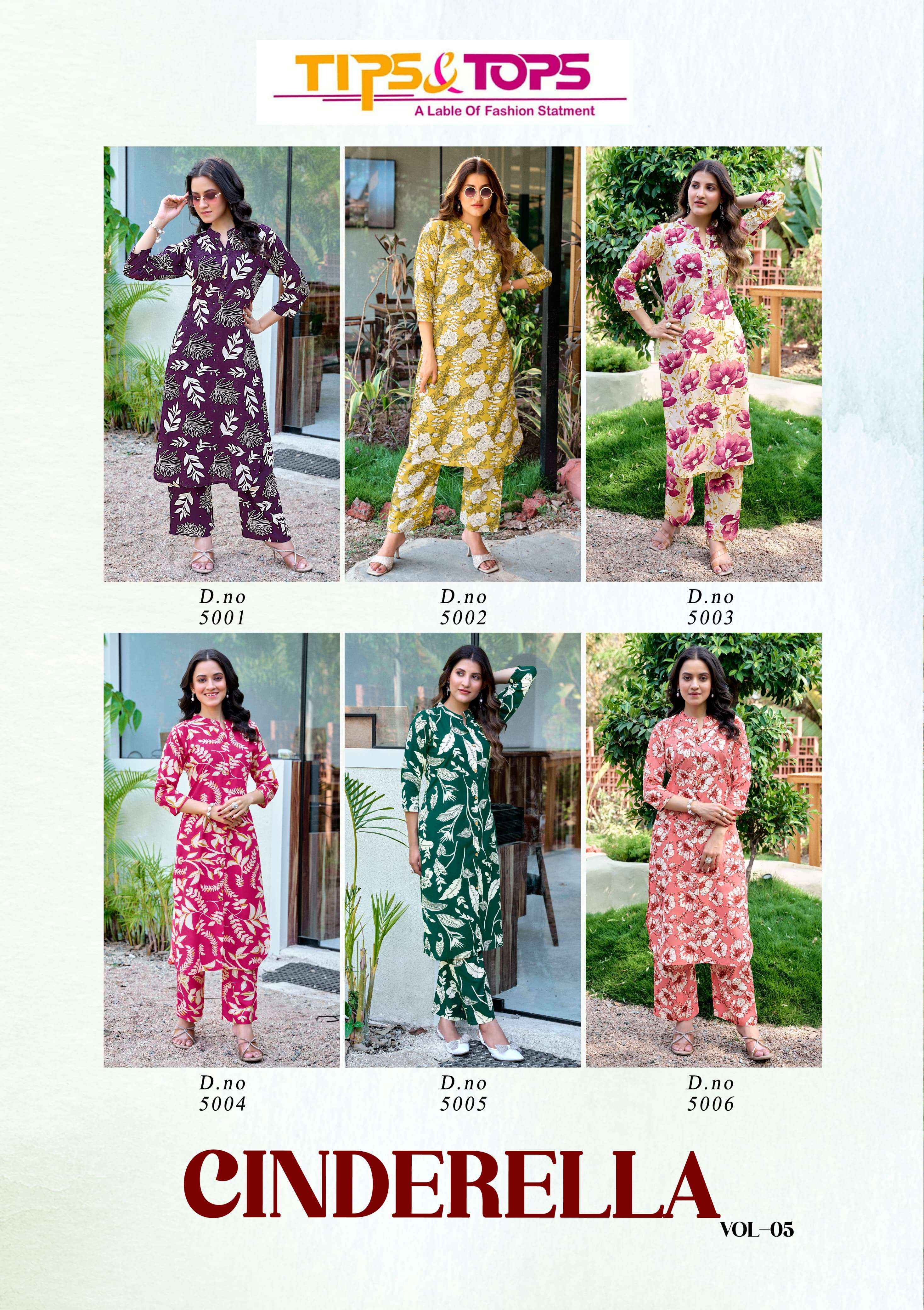 TIPS AND TOPS CINDERELLA VOL 5 RAYON PRINT FANCY KURTI WITH BOTTOM PAIR WHOLESALE RATE ( 6 PCS CATALOG )