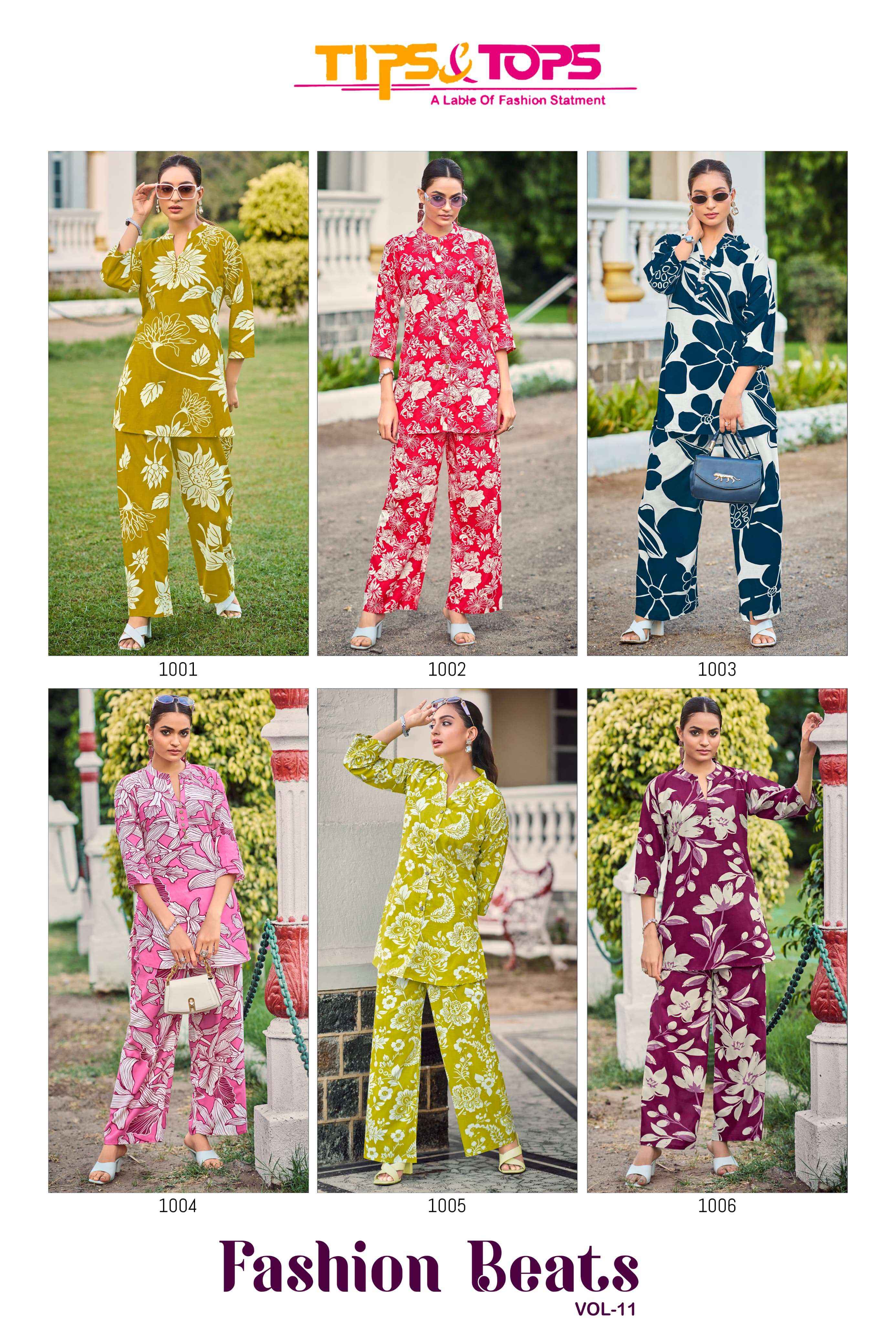 TIPS AND TOPS FASHION BEATS VOL 11 RAYON PRINT LADIES CO-ORD SET WHOLESALE RATE ( 6 PCS CATALOG )