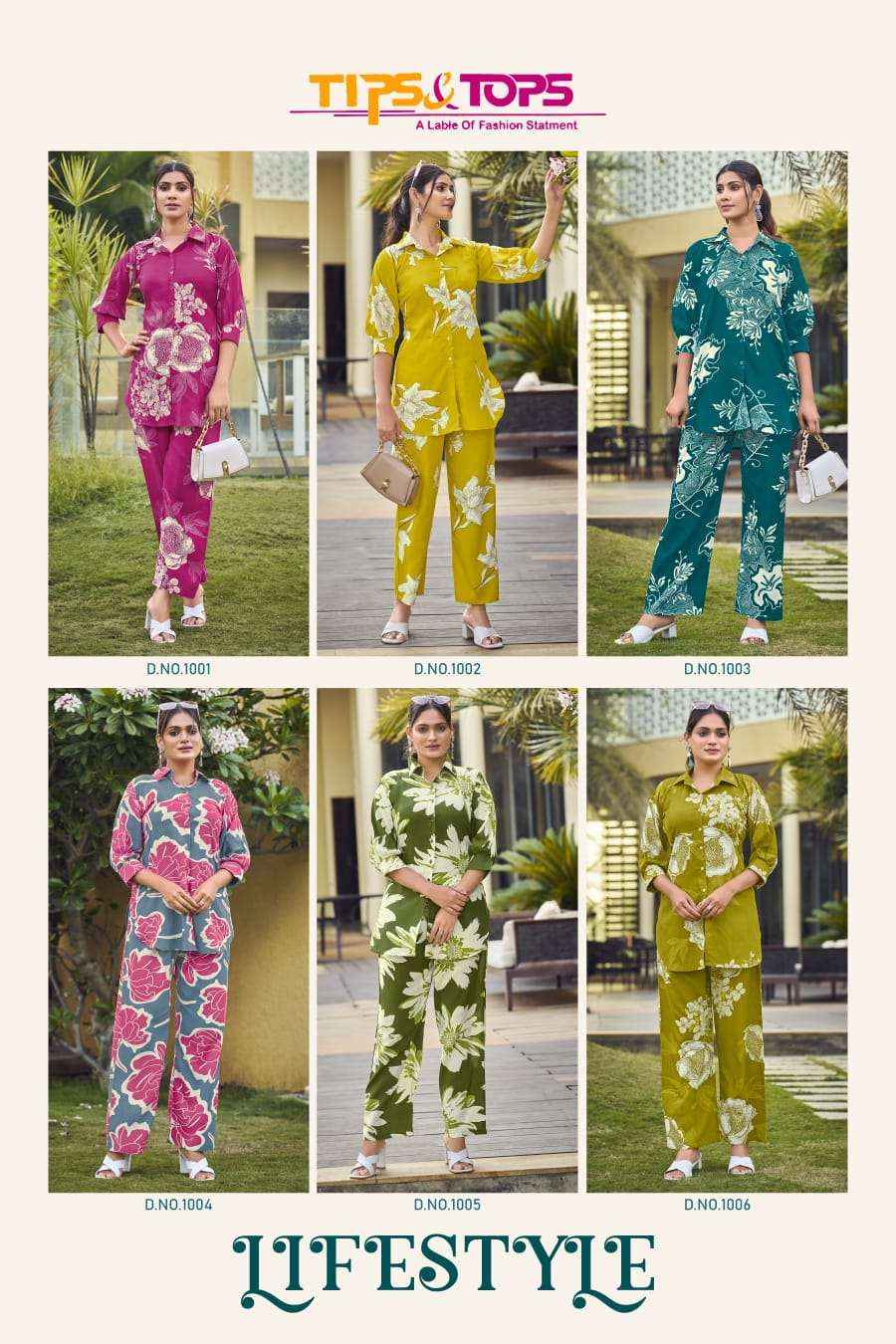 TIPS AND TOPS LIFESTYLE RAYON PRINT SHIRT PATTERN LADIES CO-ORD SET WHOLESALE PRICE ( 6 PCS CATALOG )