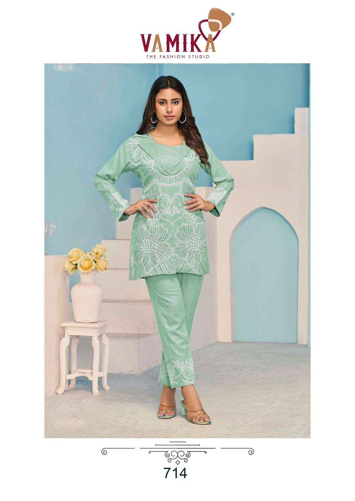 VAMIKA NX VEERA VOL 3 RAYON WORKS LADIES TOP WITH PANT SET WHOLESALE PRICE ( 5 PCS CATALOG )