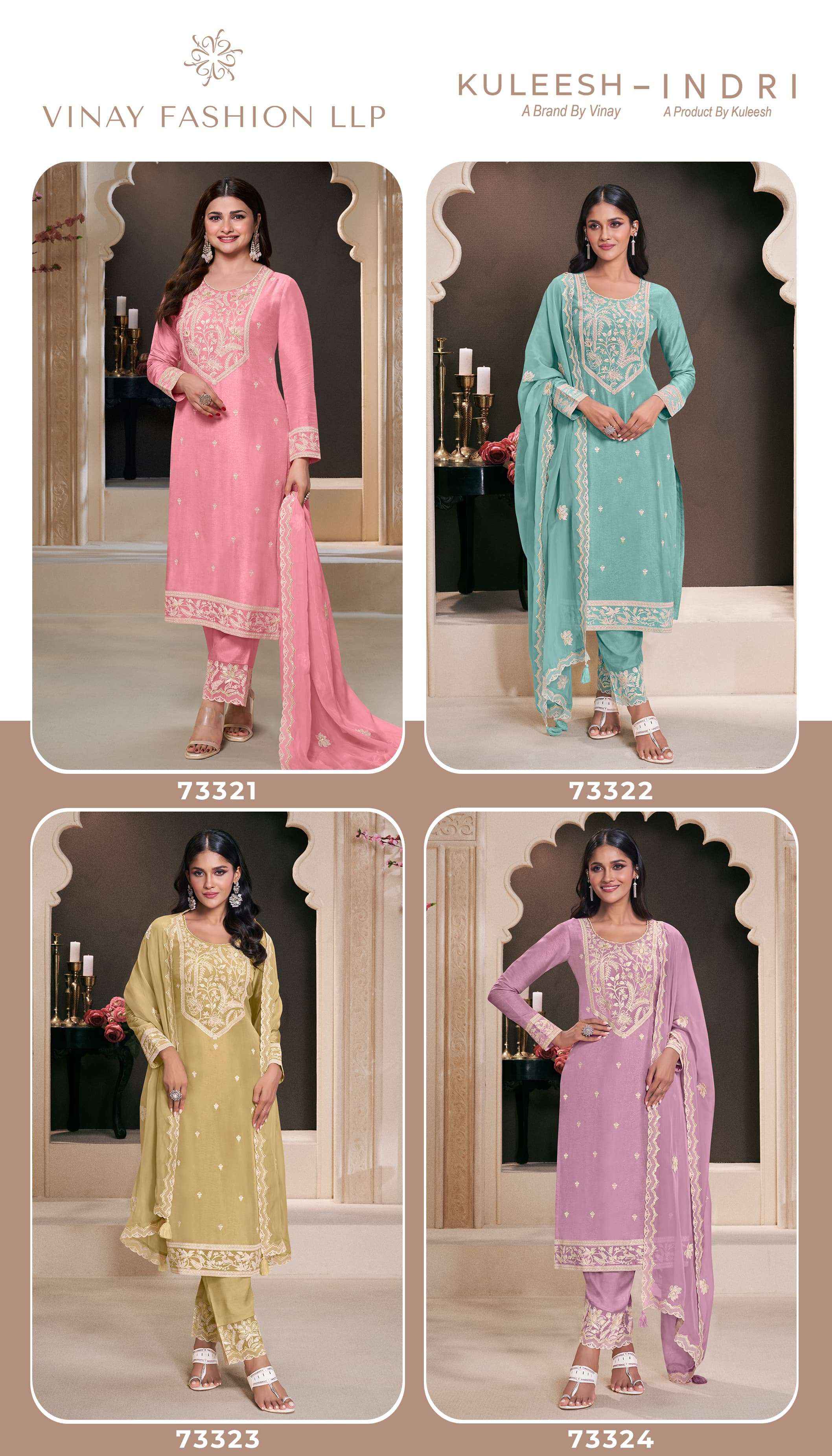VINAY FASHION KULEESH INDRI SILK DESIGNER HEAVY FESTIVE WEAR  DRESS MATERIAL WHOLESALE RATE ( 4 PCS CATALOG )