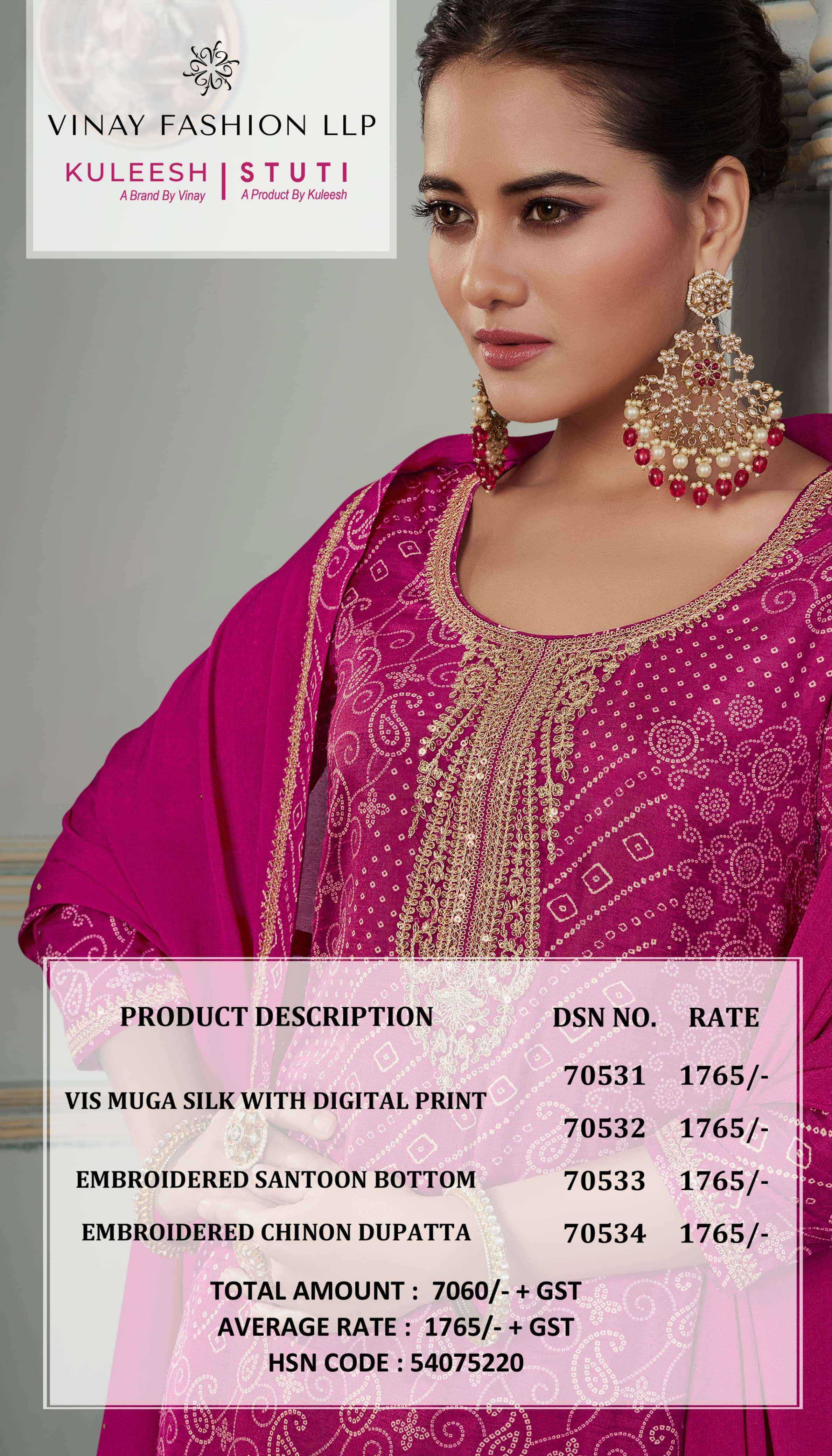 VINAY FASHION KULEESH STUTI SILK DIGITAL PRINT WITH DESIGNER WORK SUIT WHOLESALE RATE  ( 4 PCS CATALOG )