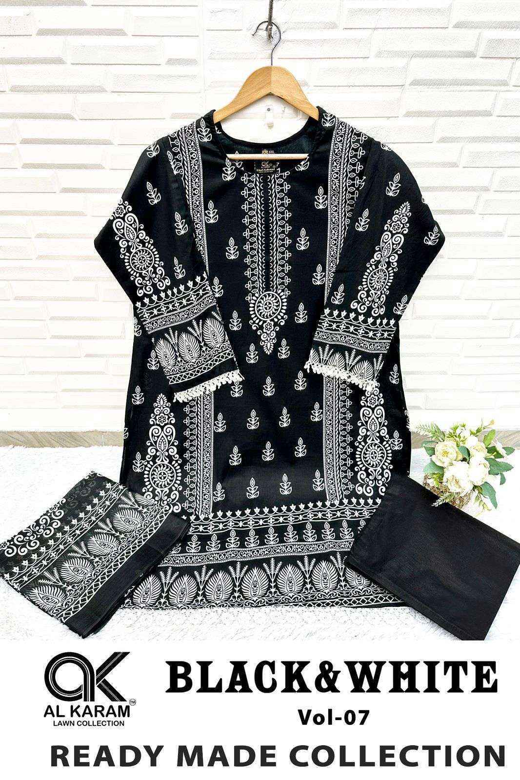 Al Karam Black And White Vol 7 Readymade Lawn Cotton Dress wholesale Rate ( 6 Pcs Catalog )