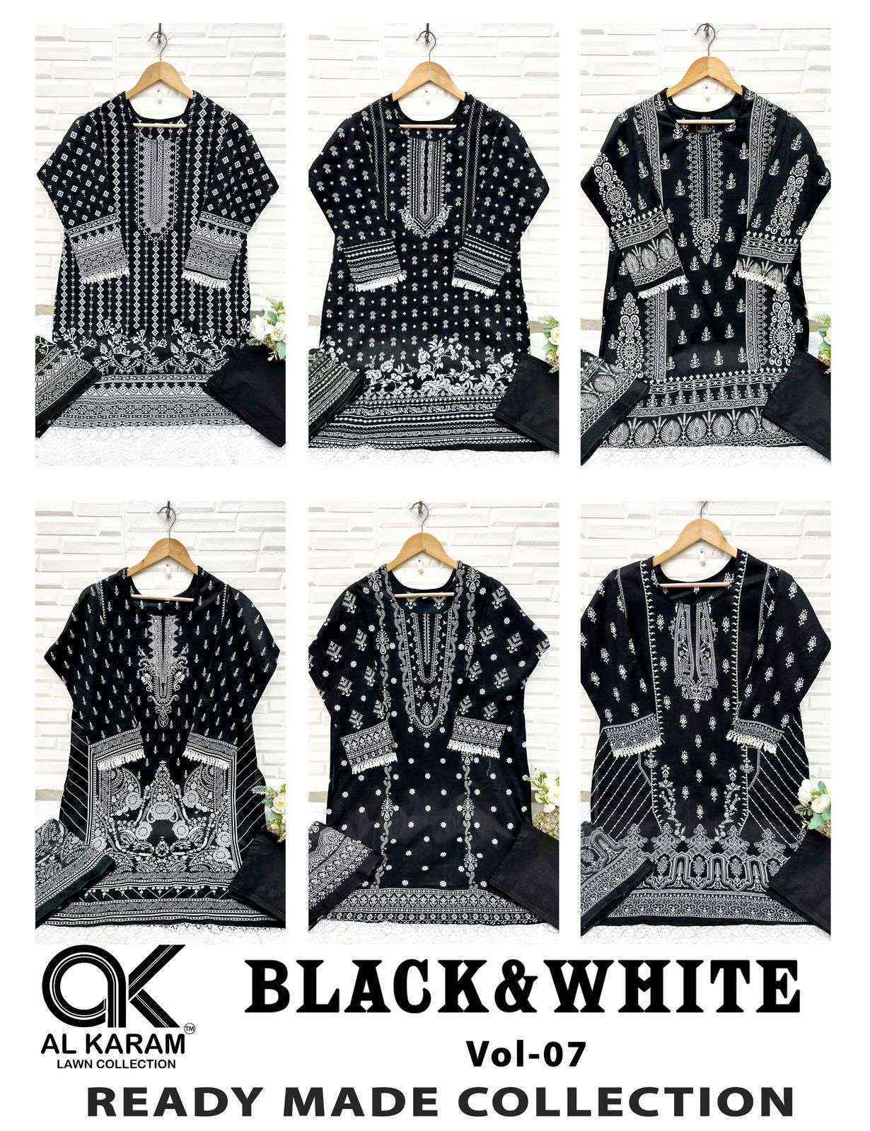 Al Karam Black And White Vol 7 Readymade Lawn Cotton Dress wholesale Rate ( 6 Pcs Catalog )
