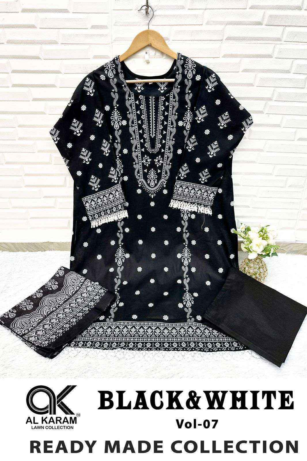 Al Karam Black And White Vol 7 Readymade Lawn Cotton Dress wholesale Rate ( 6 Pcs Catalog )