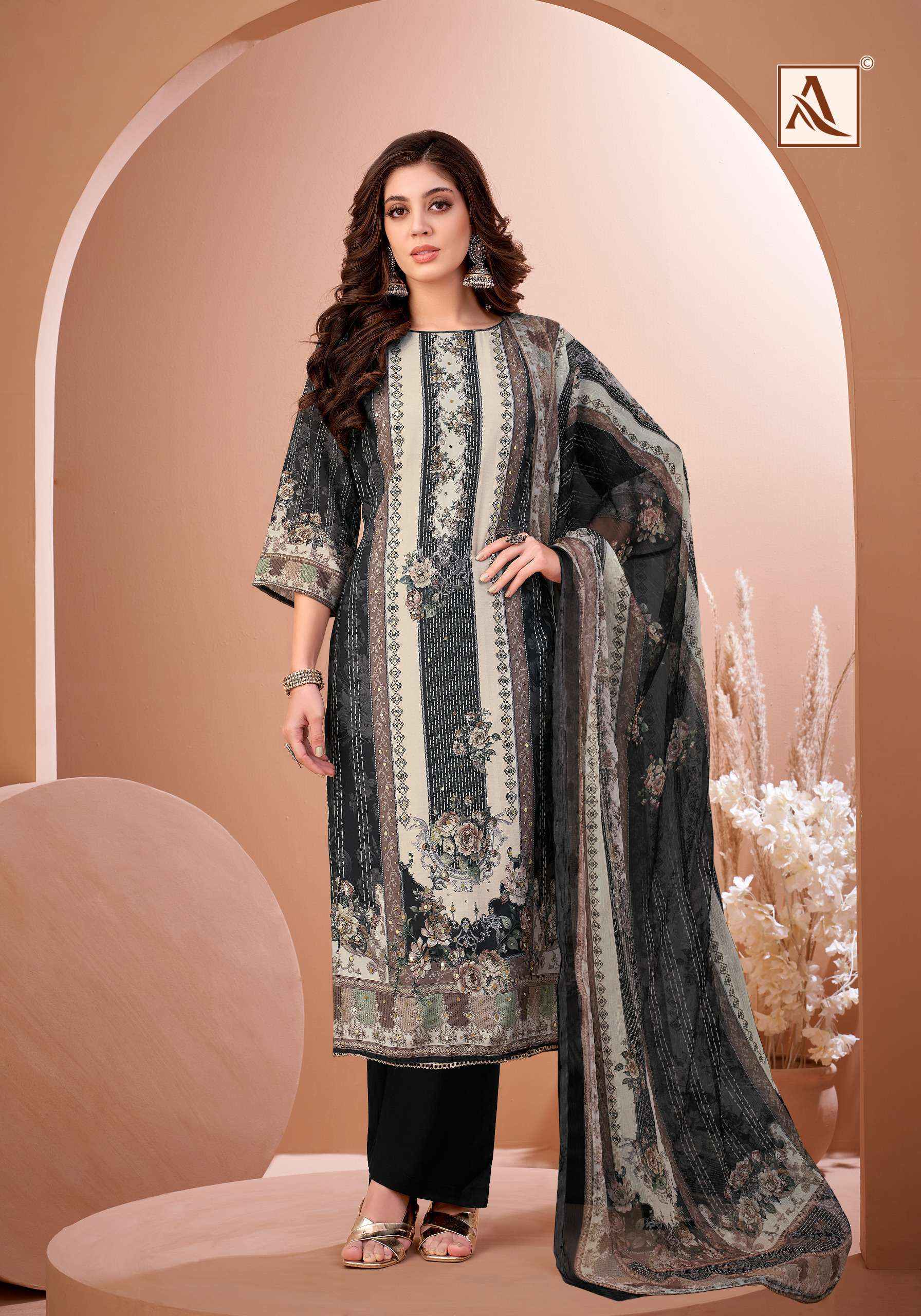 Alok Black Mirror Viscose Muslin Dress Material Wholesale Textile Surat ( 8 pcs Catalogue