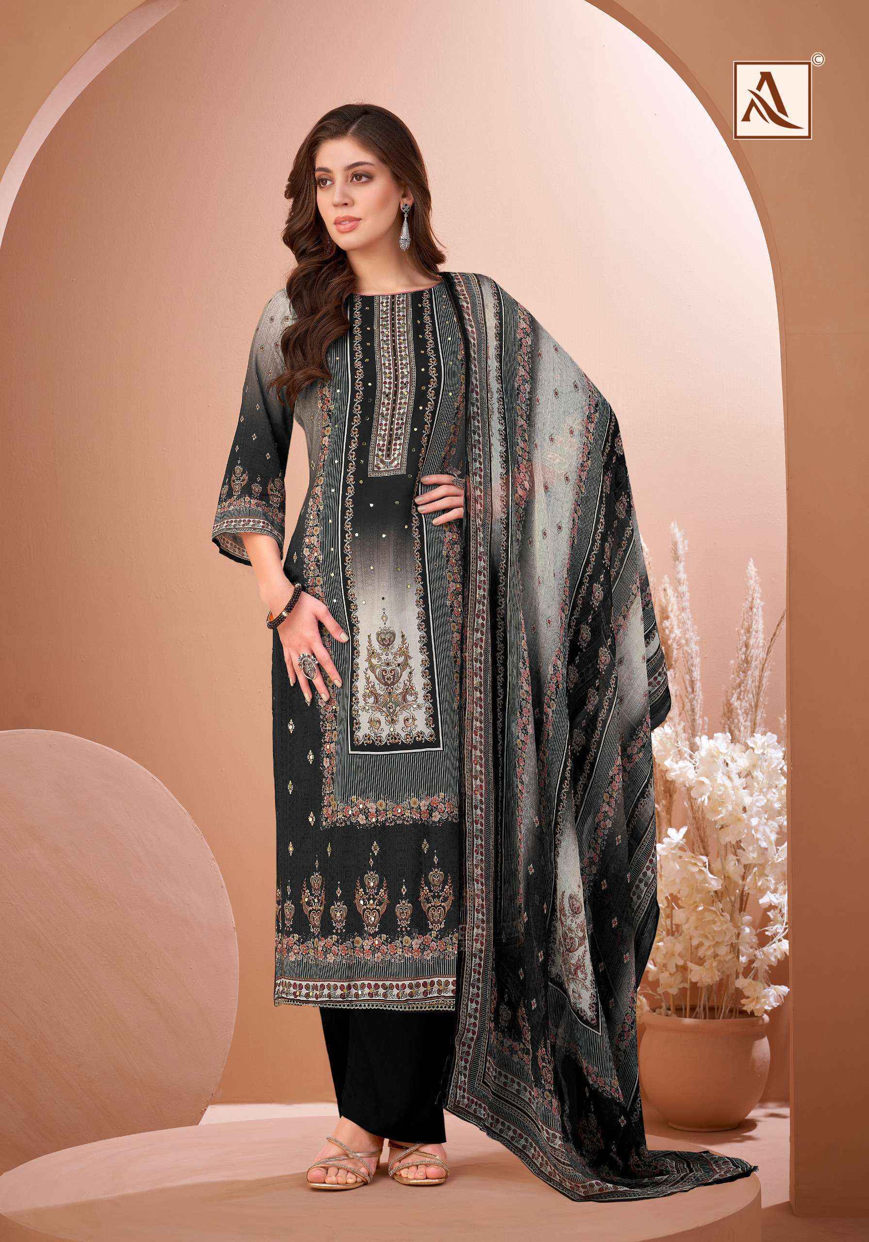 Alok Black Mirror Viscose Muslin Dress Material Wholesale Textile Surat ( 8 pcs Catalogue