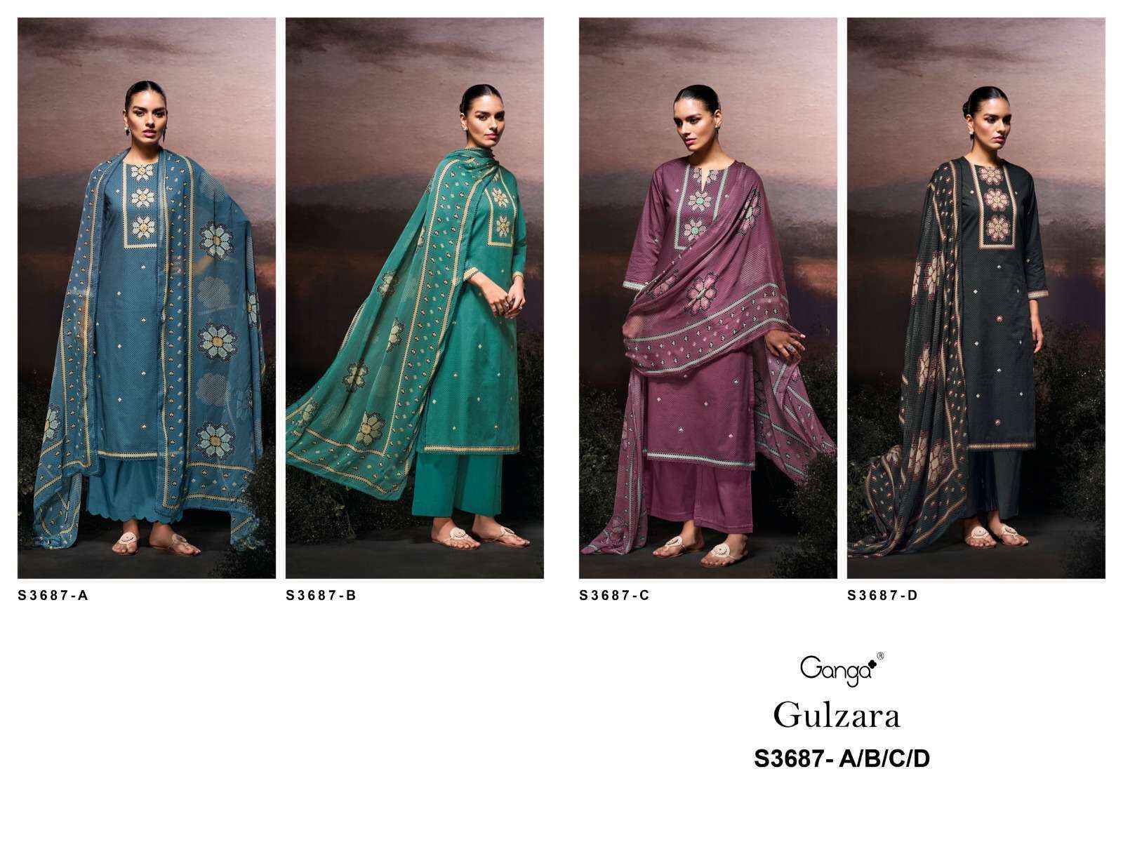 Ganga Gulzara 3687 Satin Cotton Salwar Kameez Wholesale Rate ( 4 Pcs Catalog )