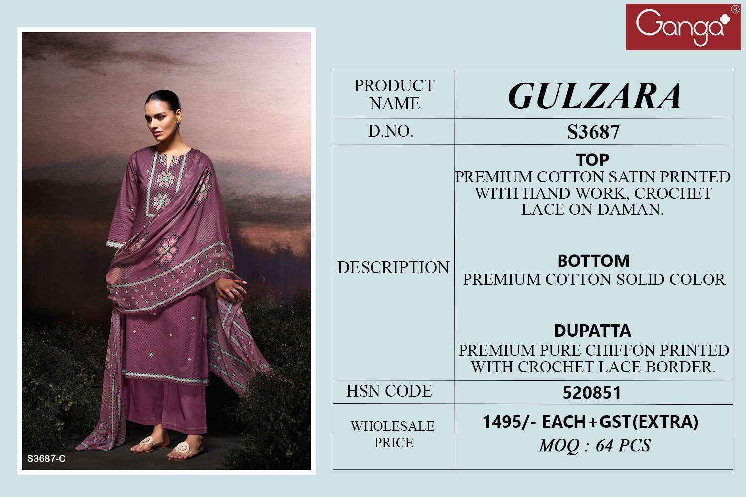 Ganga Gulzara 3687 Satin Cotton Salwar Kameez Wholesale Rate ( 4 Pcs Catalog )
