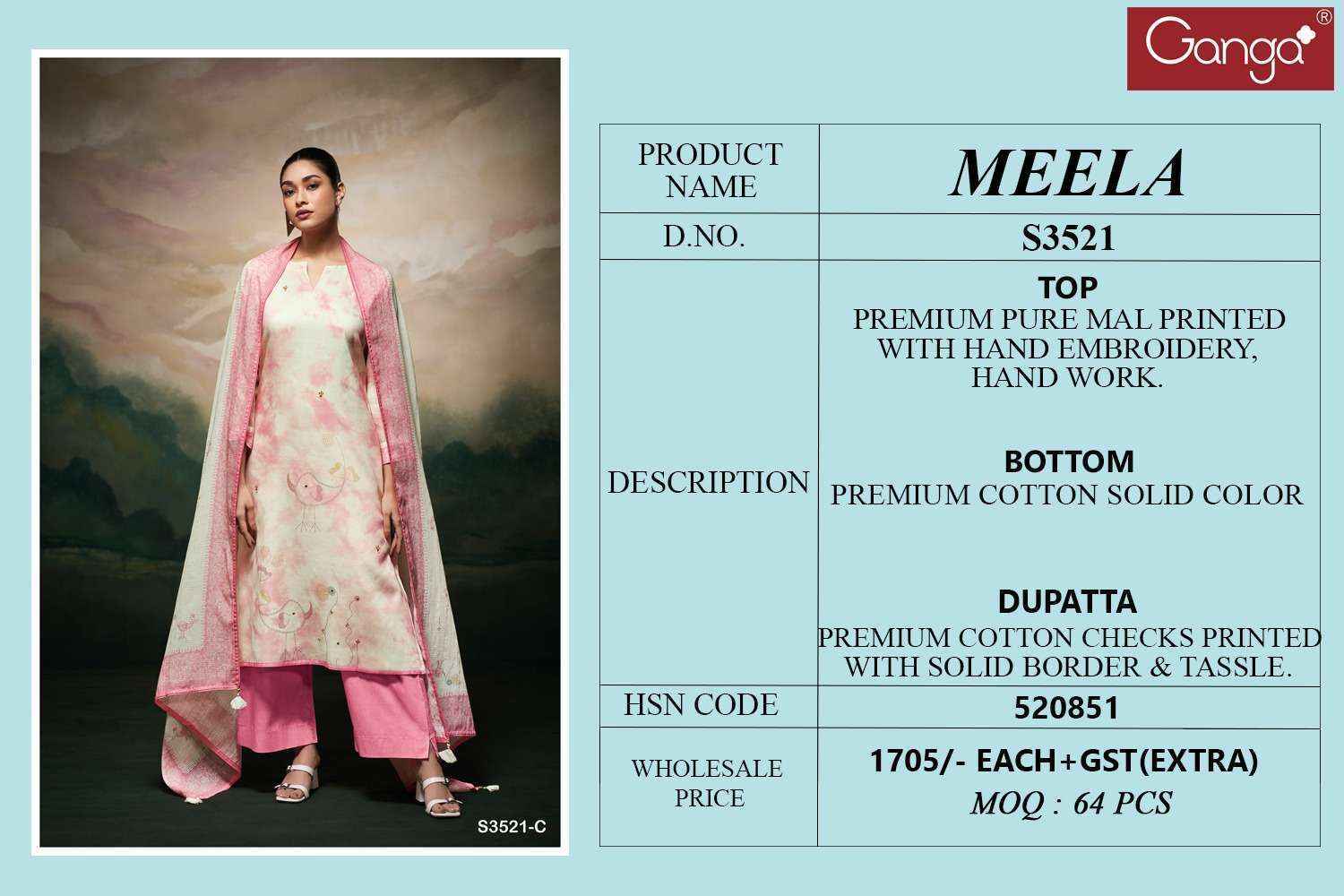 Ganga Meela 3521 Cotton Dress Material New Catalog ( 4 pcs Catalogue )