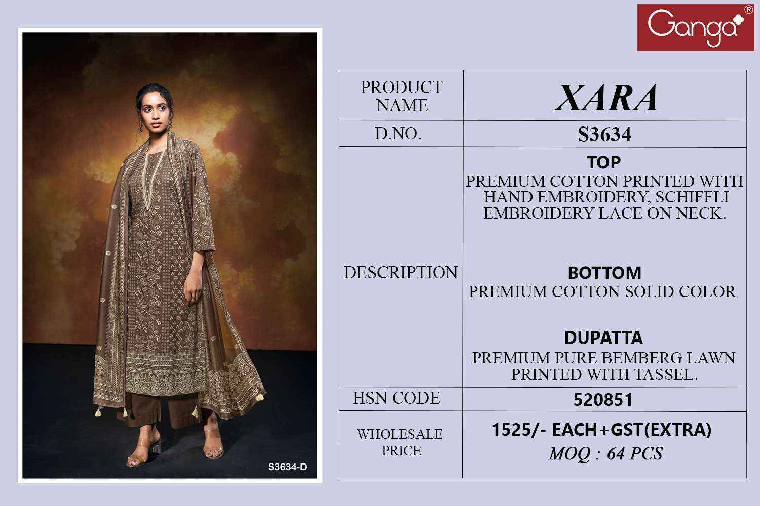 Ganga Xara 3634 Cotton Salwar Kameez Wholesale Rate ( 4 Pcs Catalog )